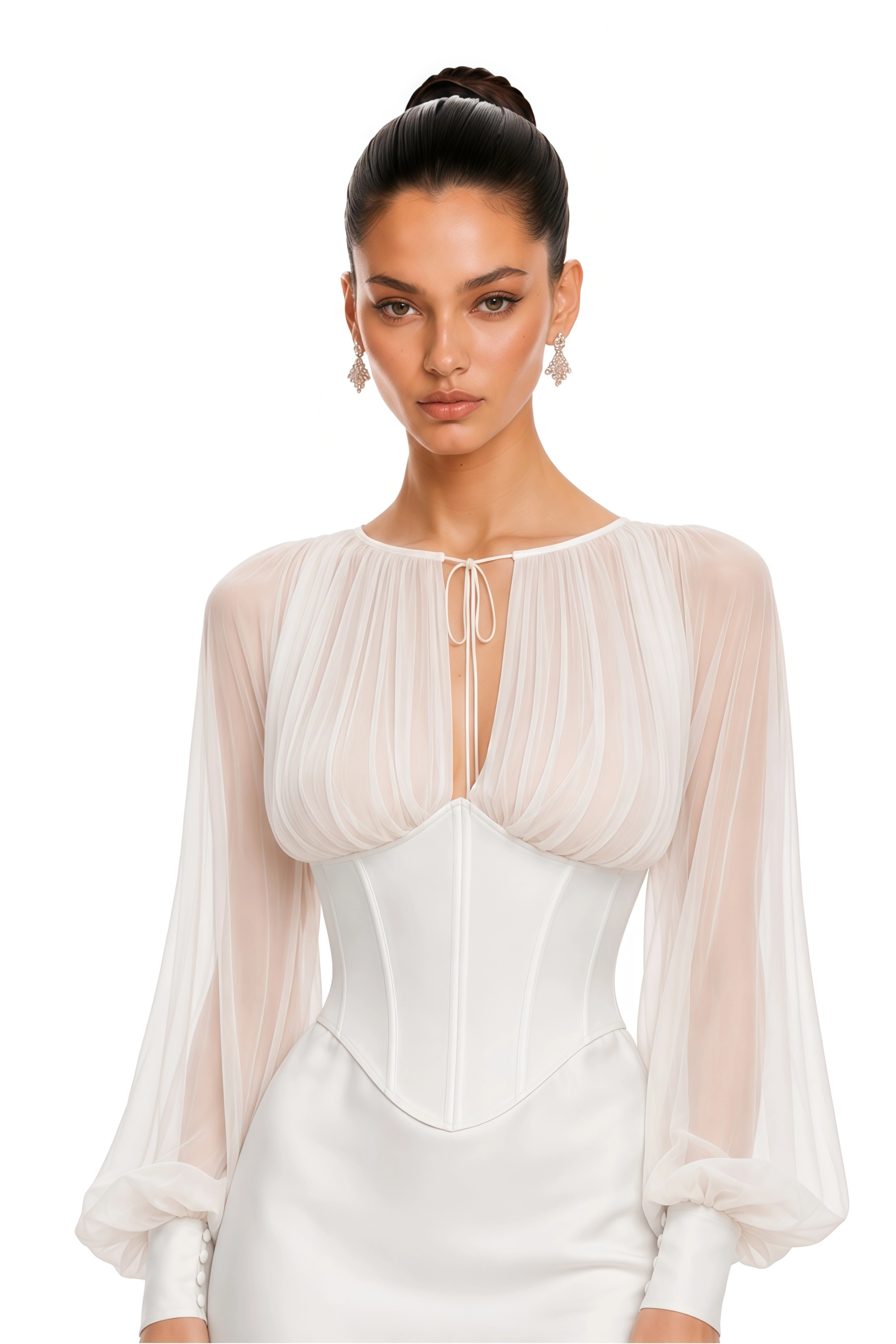 Sylvie White Gathered Long Sleeve Blouse & Mermaid Skirt Set