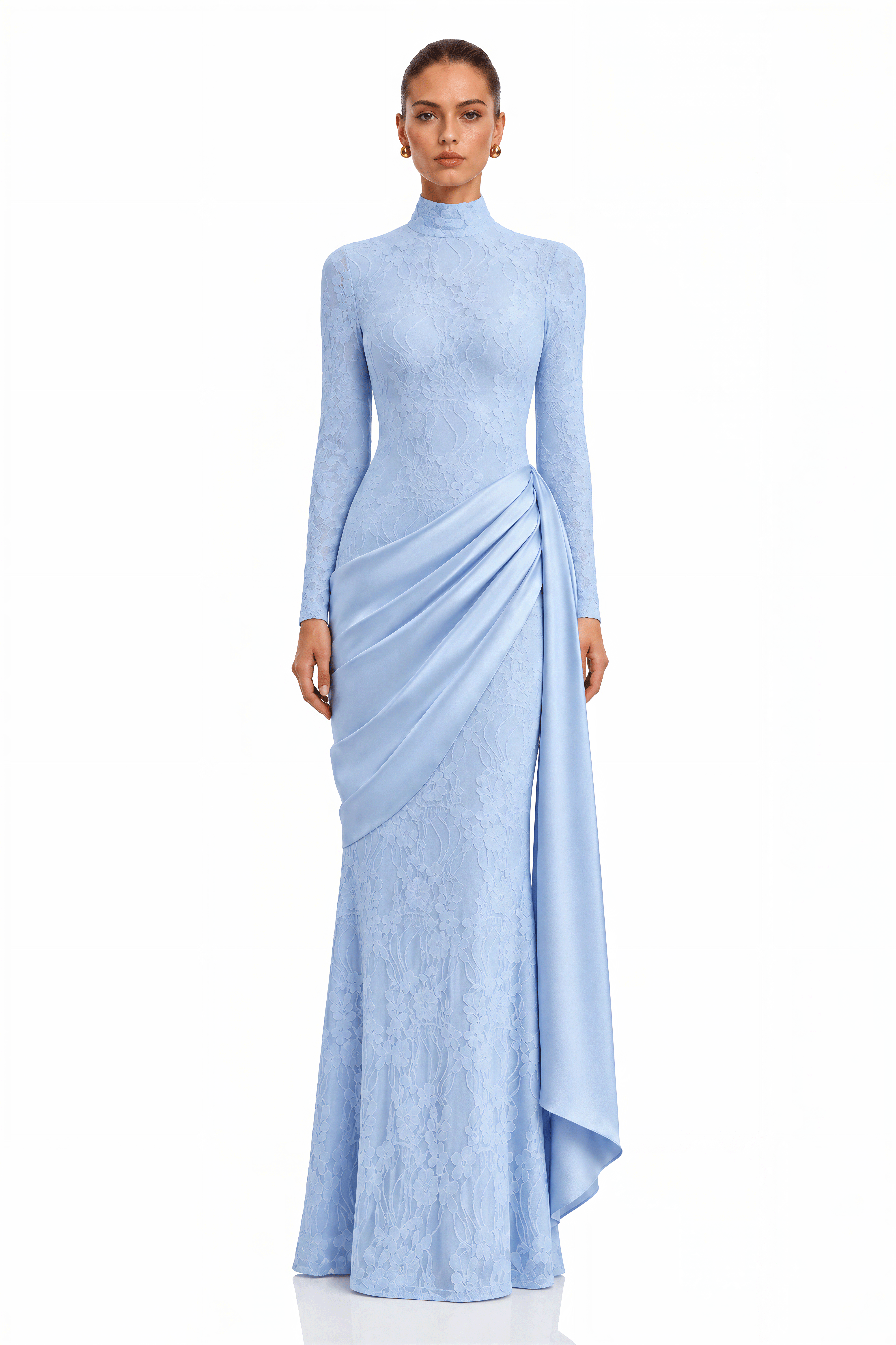 Tabeer Blue High Neck Long Sleeve Ruched Lace Maxi Dress