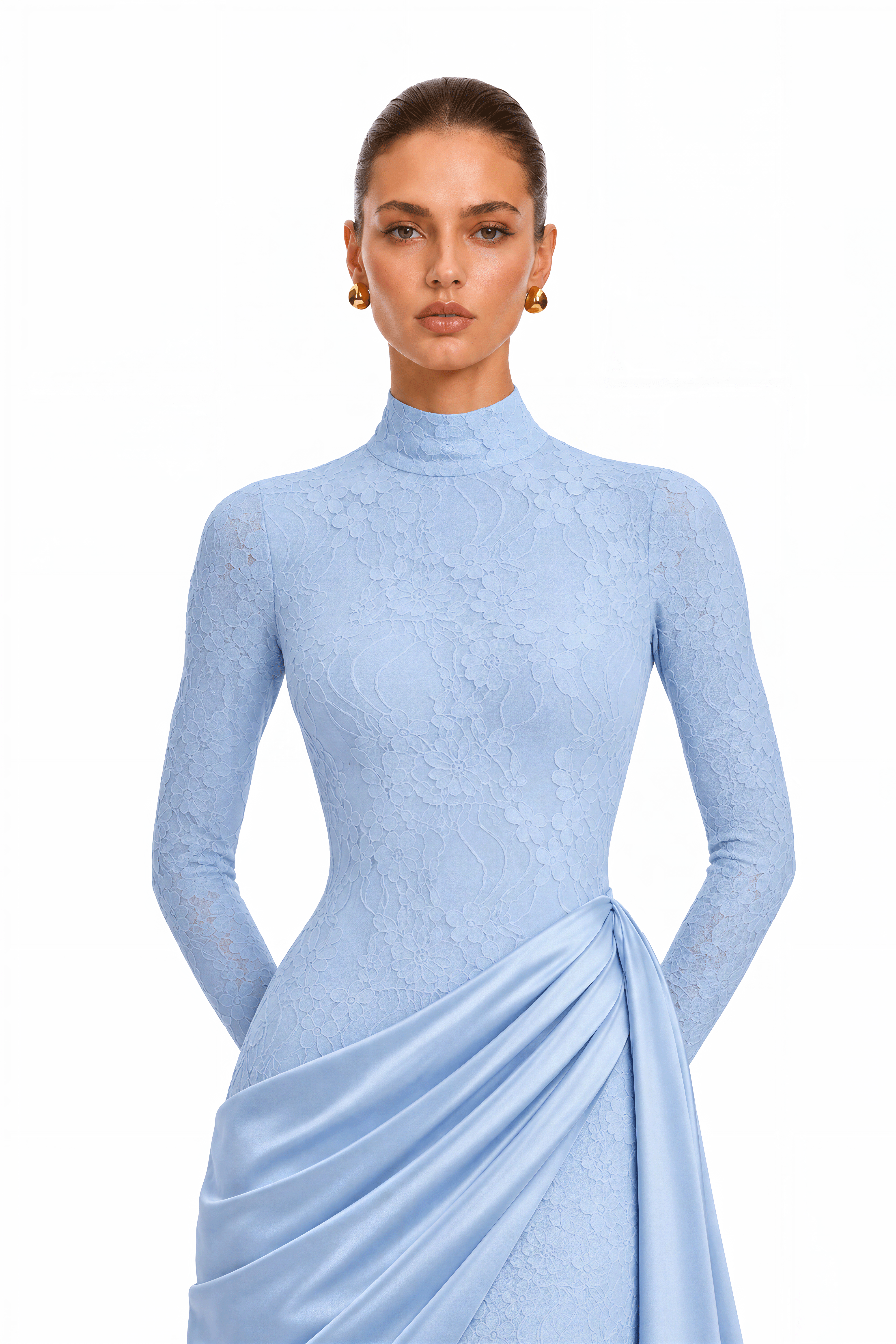 Tabeer Blue High Neck Long Sleeve Ruched Lace Maxi Dress