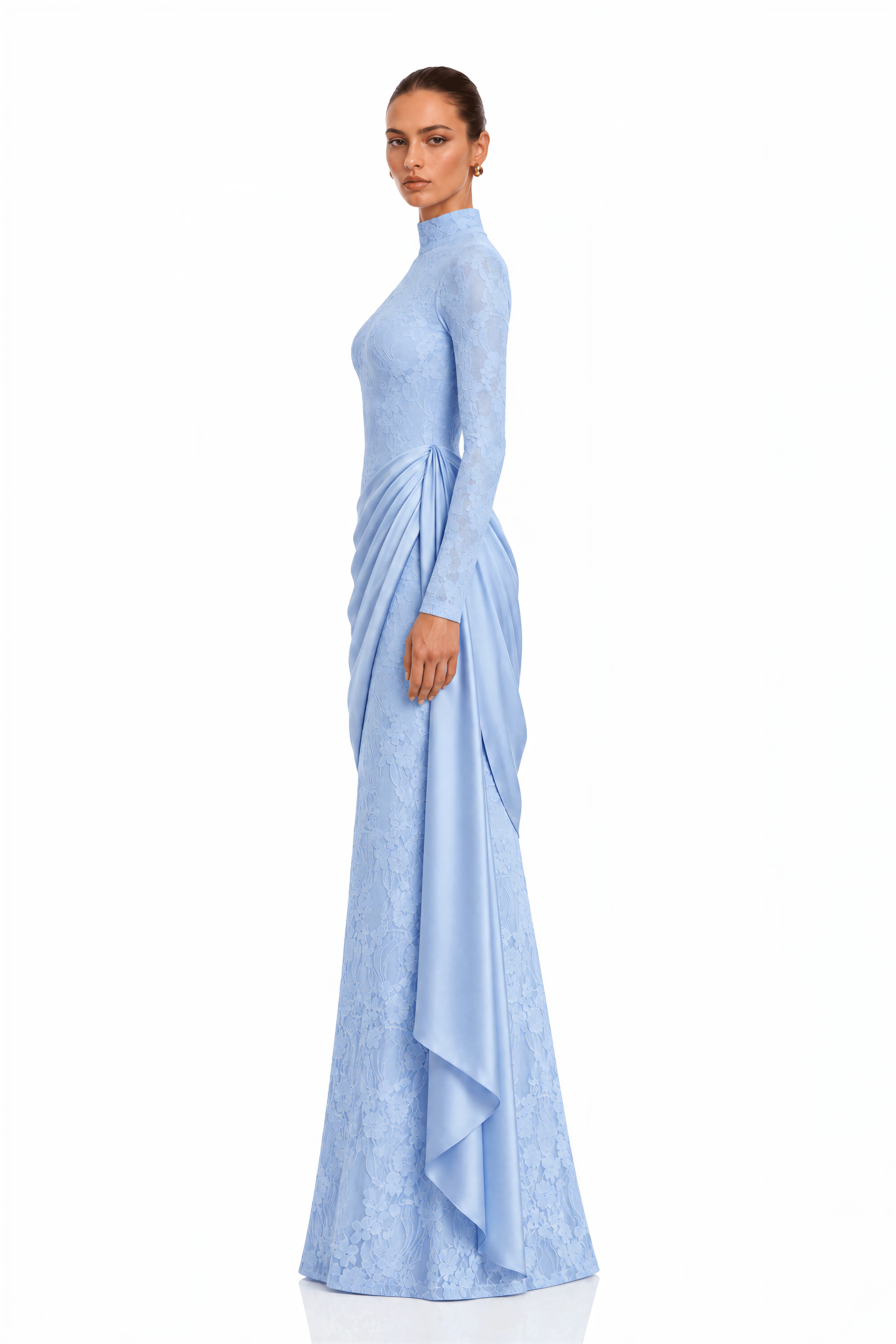 Tabeer Blue High Neck Long Sleeve Ruched Lace Maxi Dress