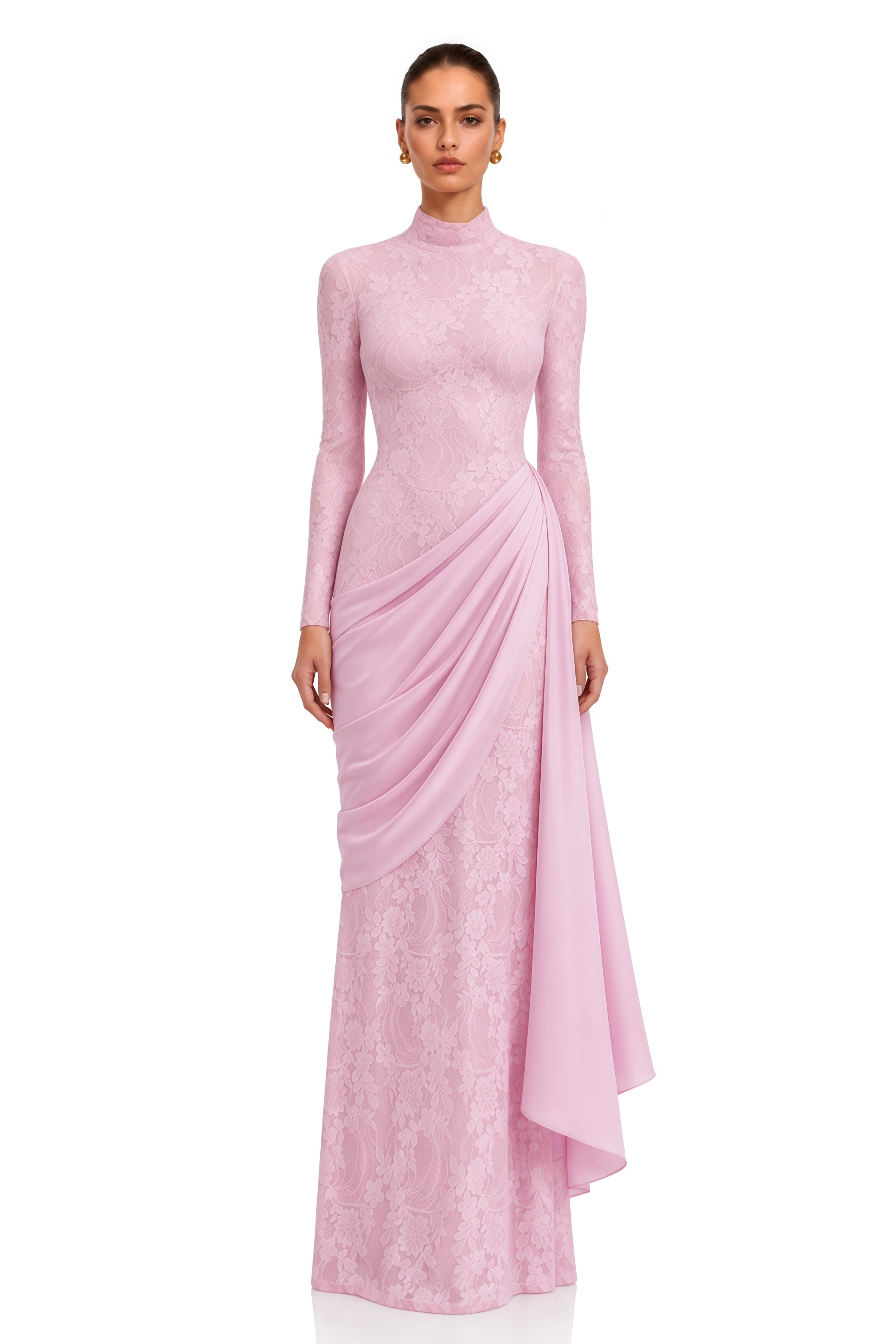 Tabeer Pink High Neck Long Sleeve Ruched Lace Maxi Dress