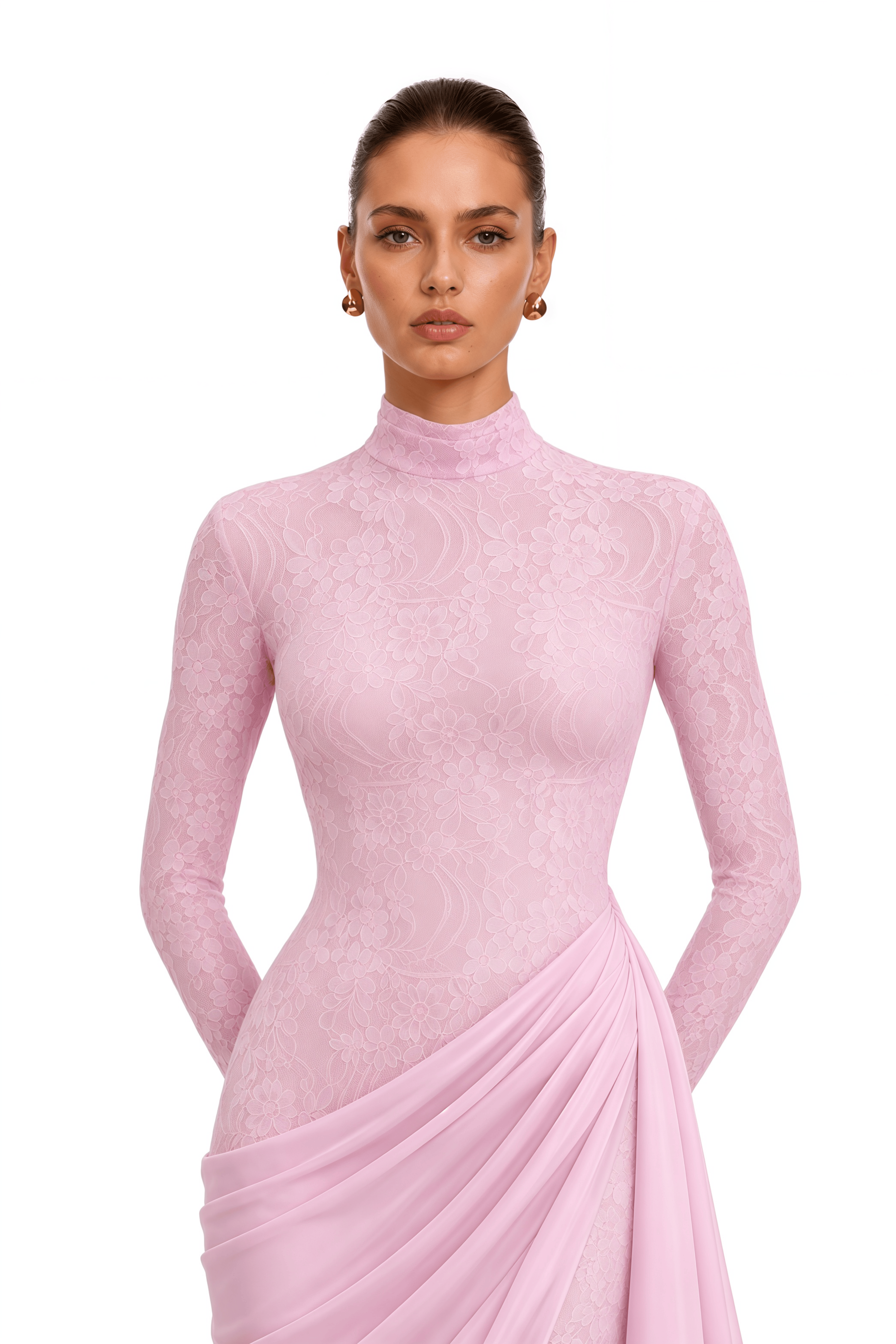 Tabeer Pink High Neck Long Sleeve Ruched Lace Maxi Dress