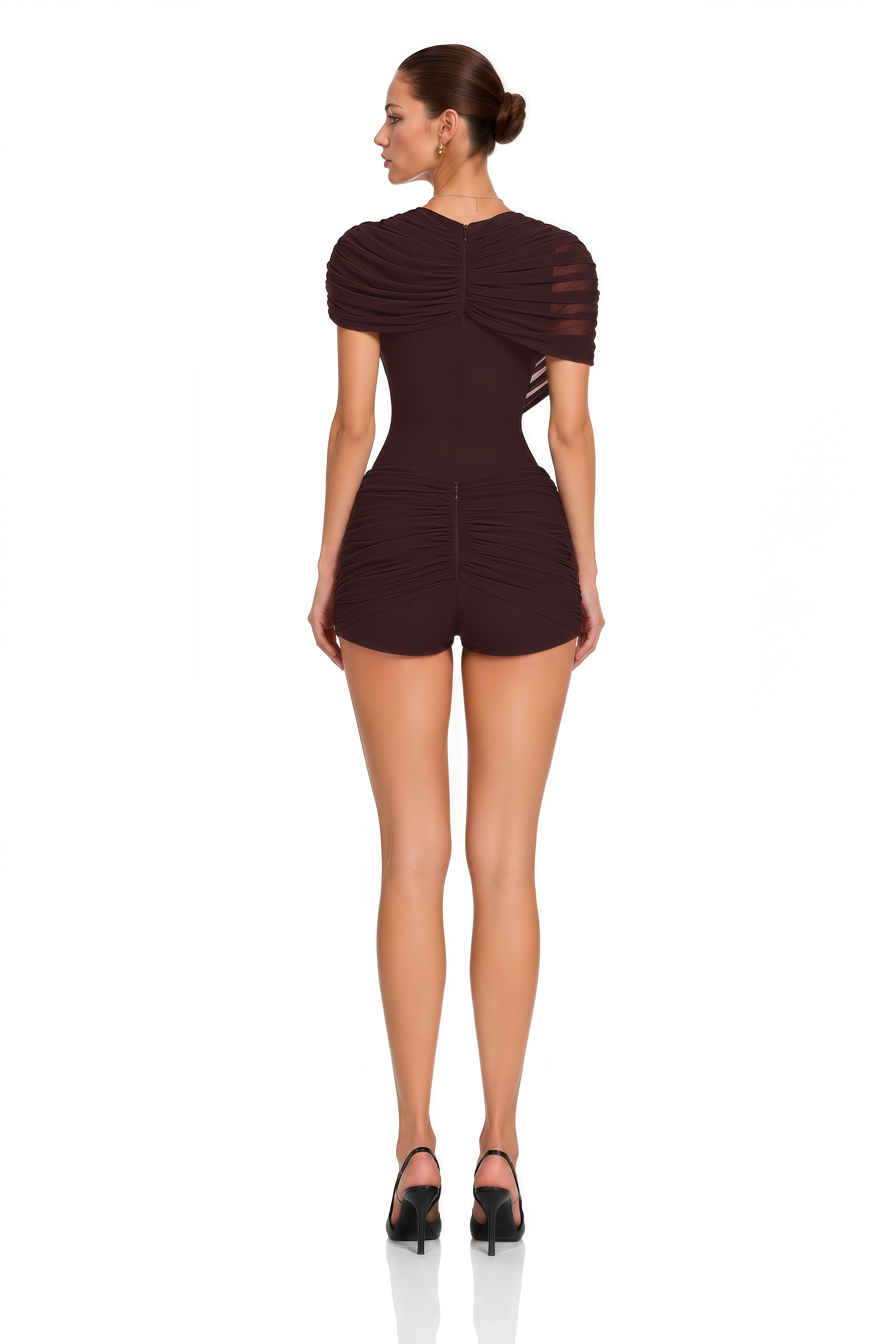 Tahlia Brown Sheer Draped Jumpsuit & Ruched Shorts Set