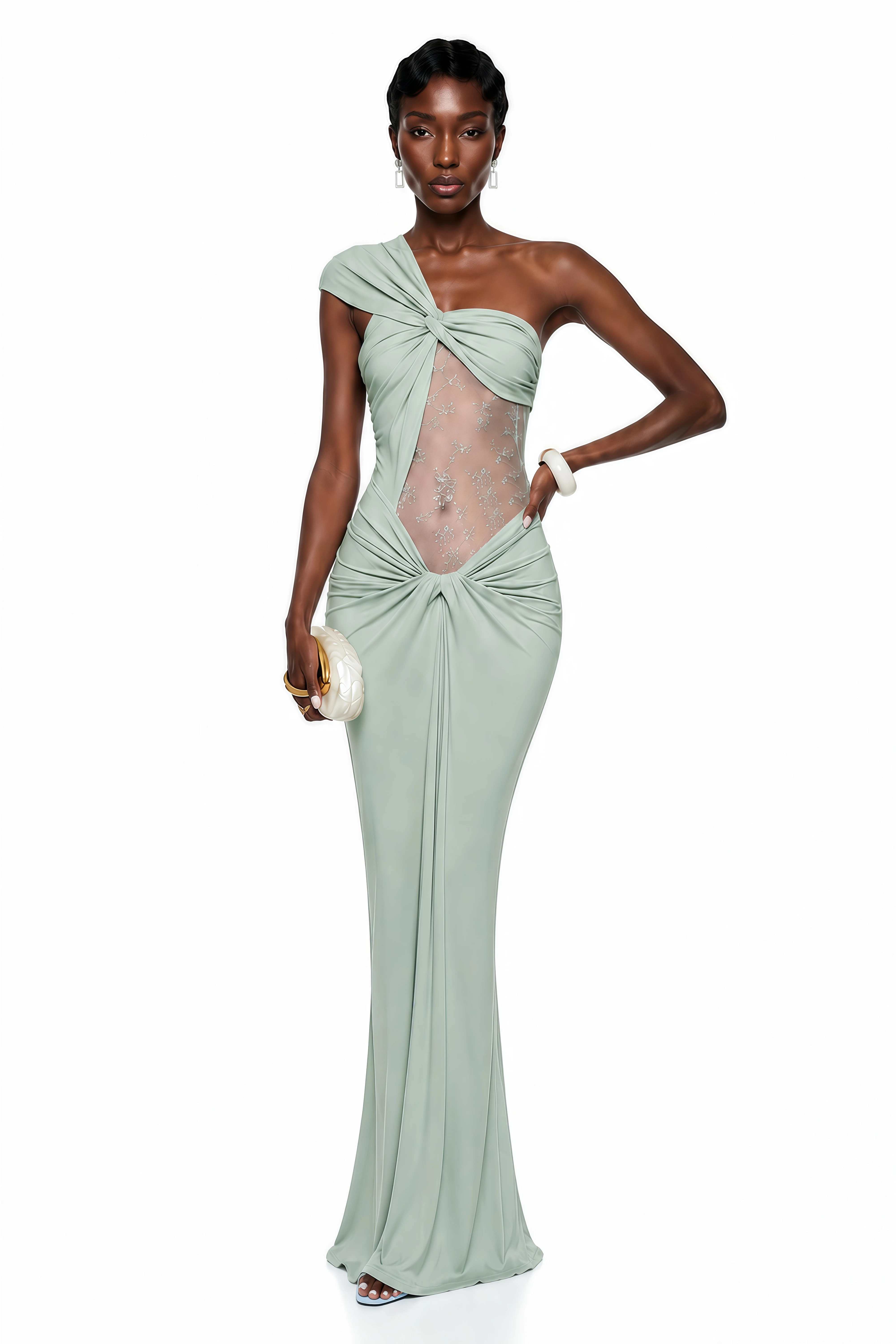 Sage green one-shoulder gown with a sheer embroidered bodice cutout