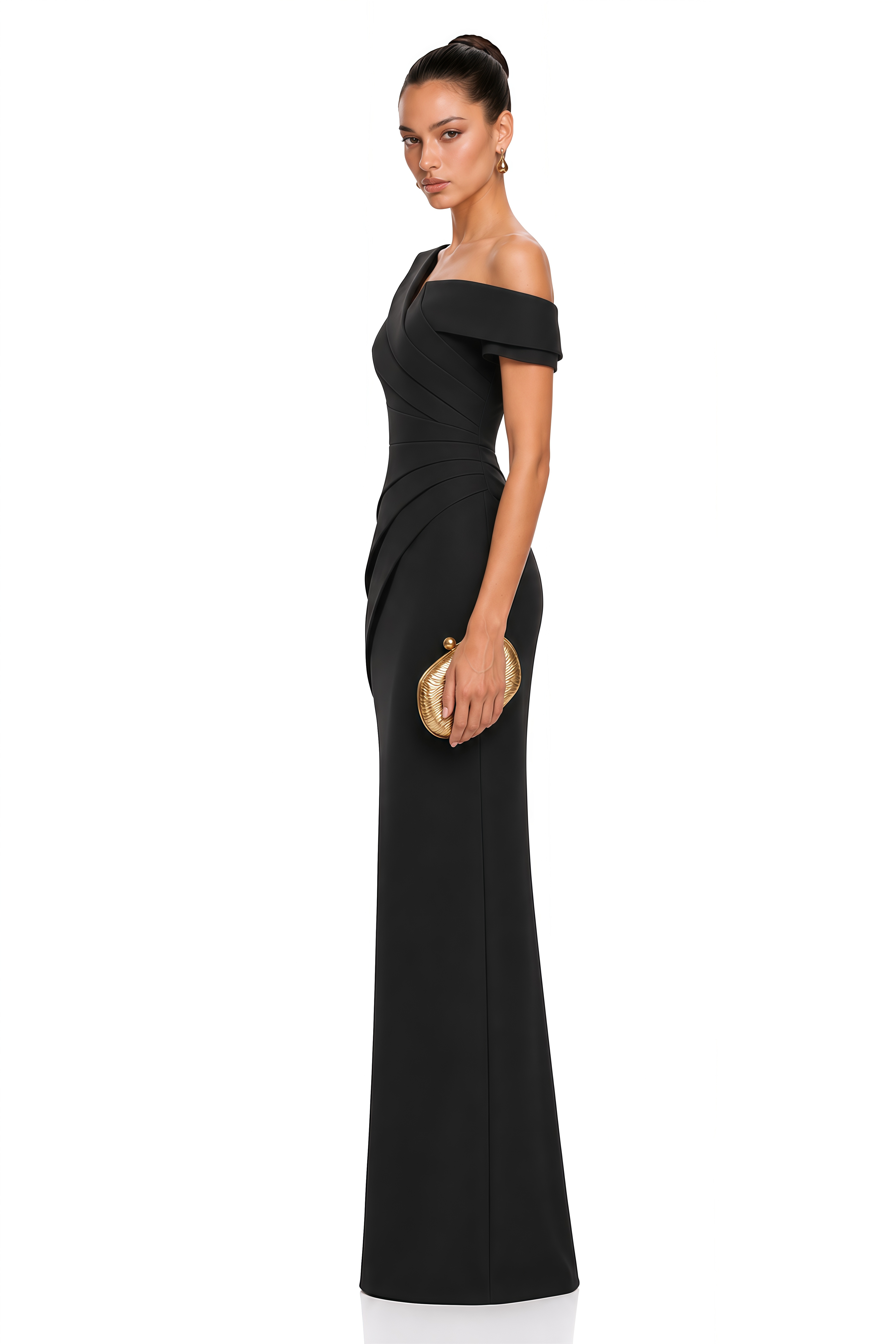 Taibah Black Asymmetrical Off-Shoulder Maxi Dress