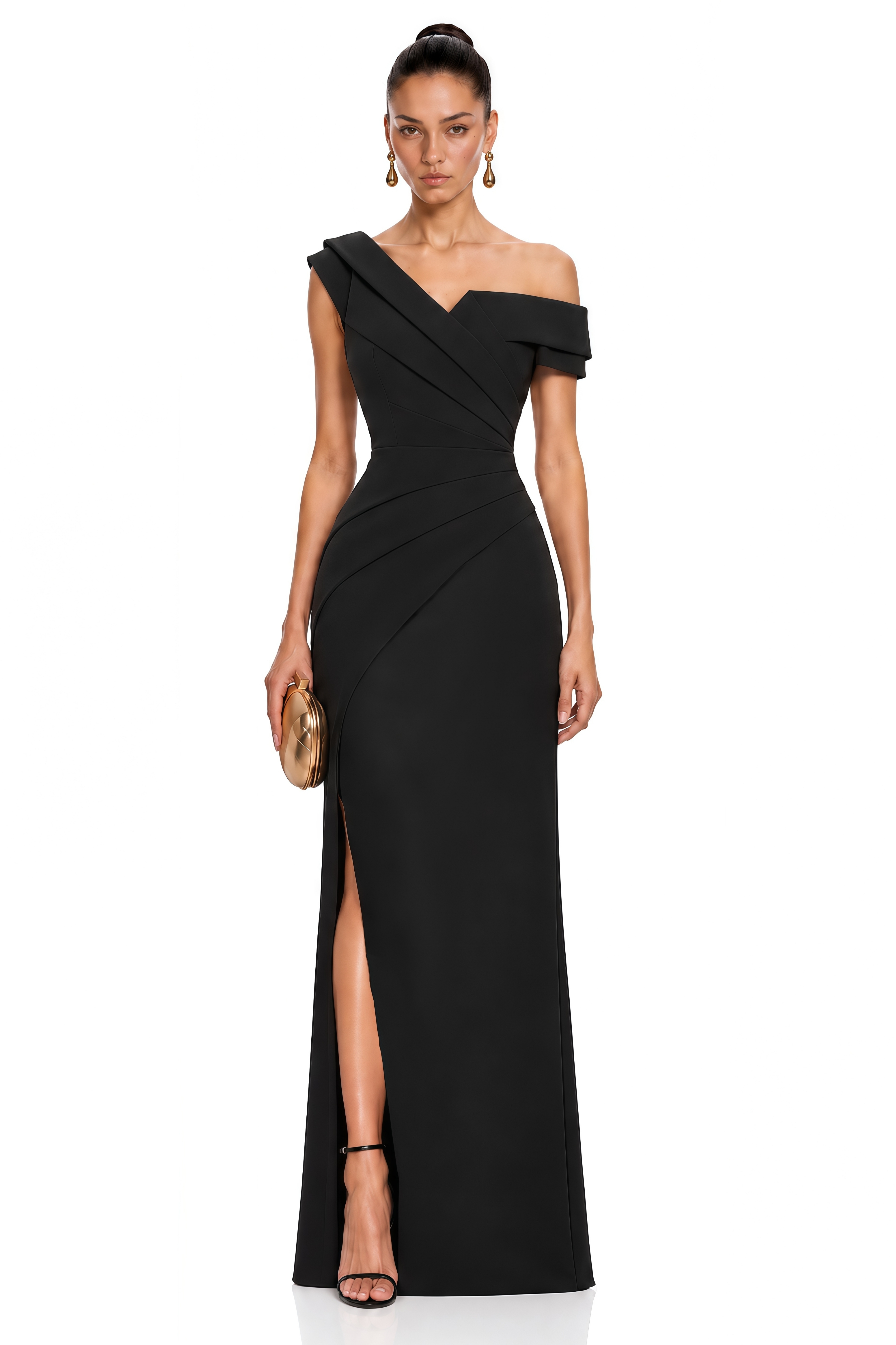 Taibah Black Asymmetrical Off-Shoulder Maxi Dress