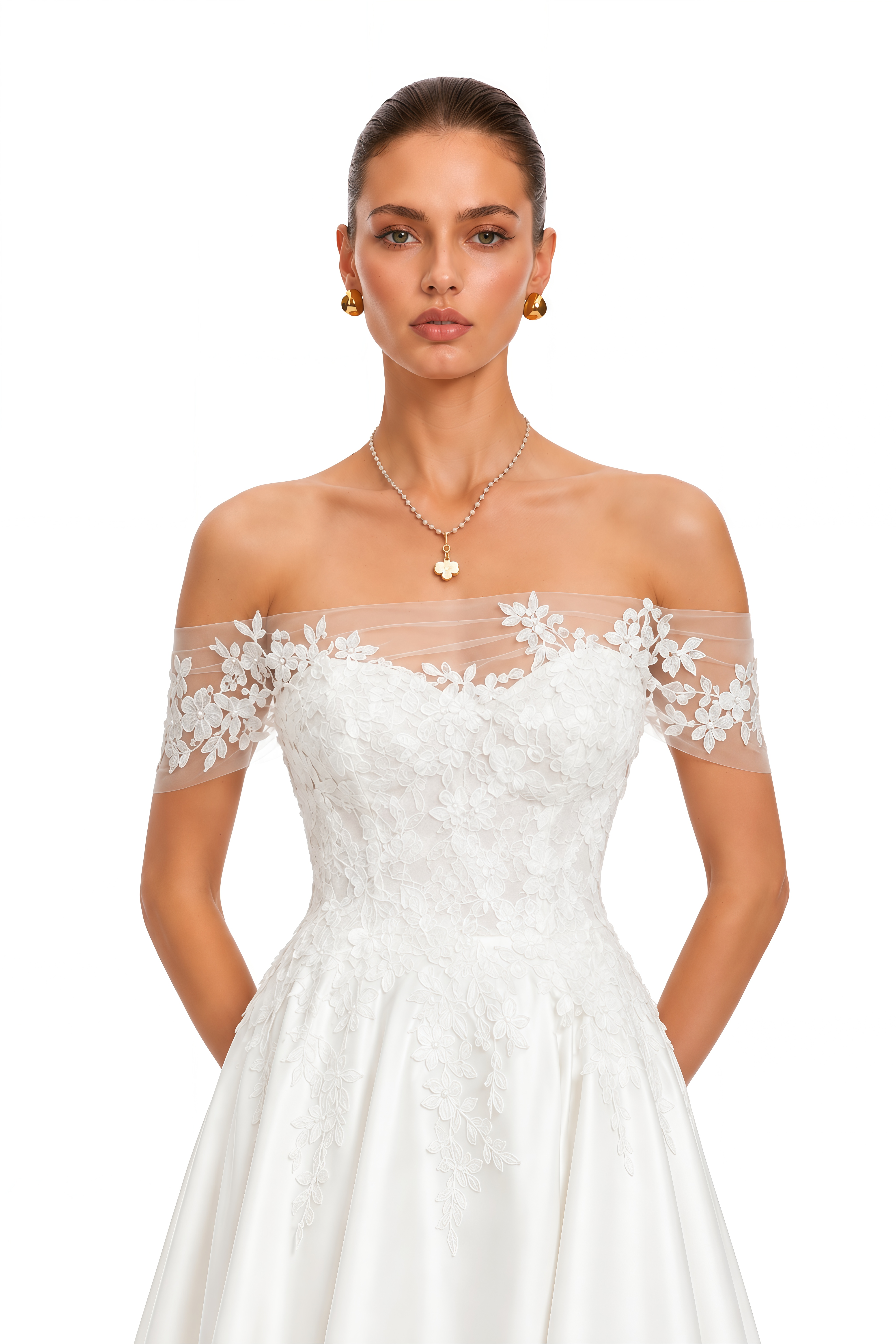 Talwyn White Off Shoulder Floral Applique Maxi Dress