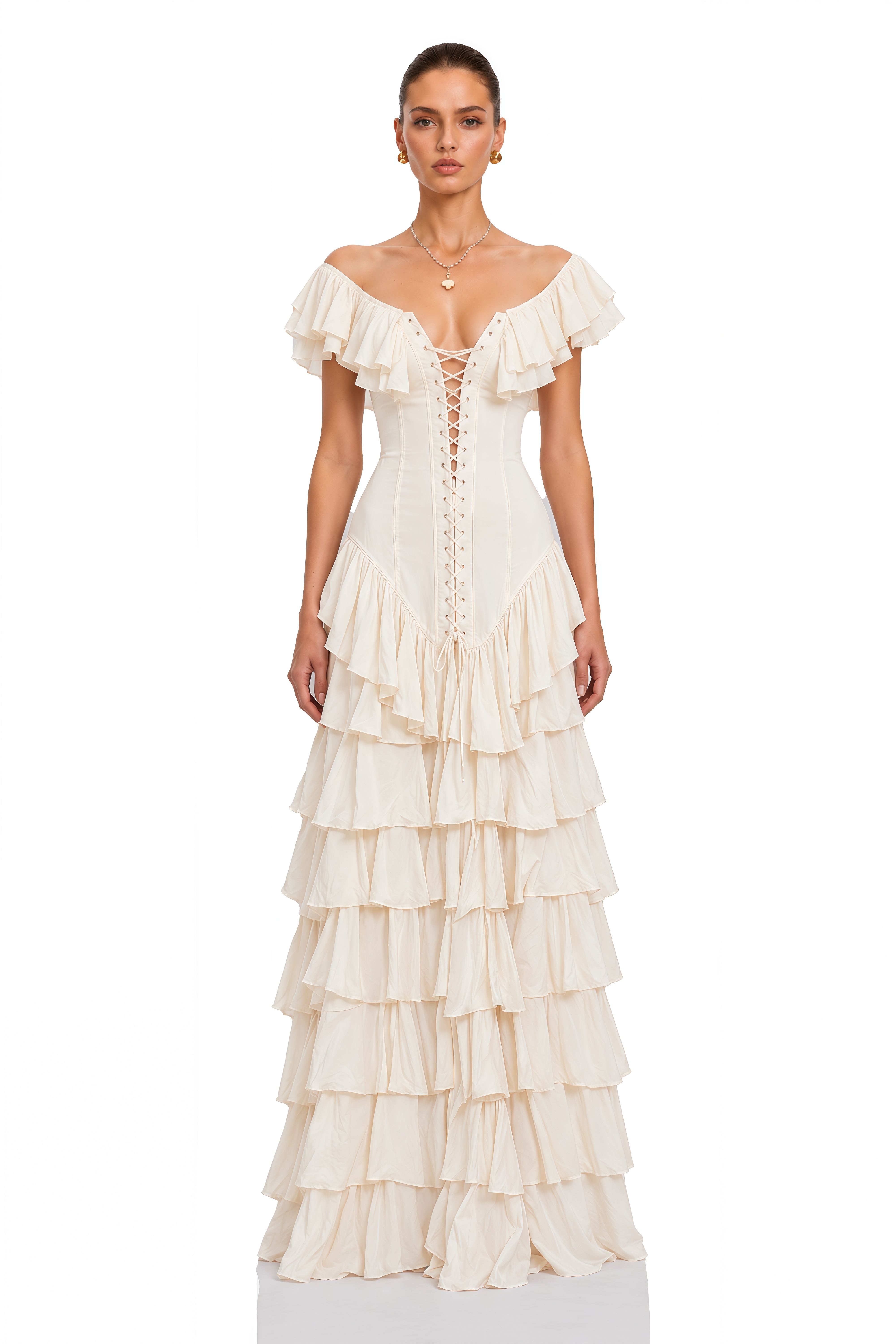 Tamsin Ivory Lace-Up Tiered Ruffle Maxi Dress