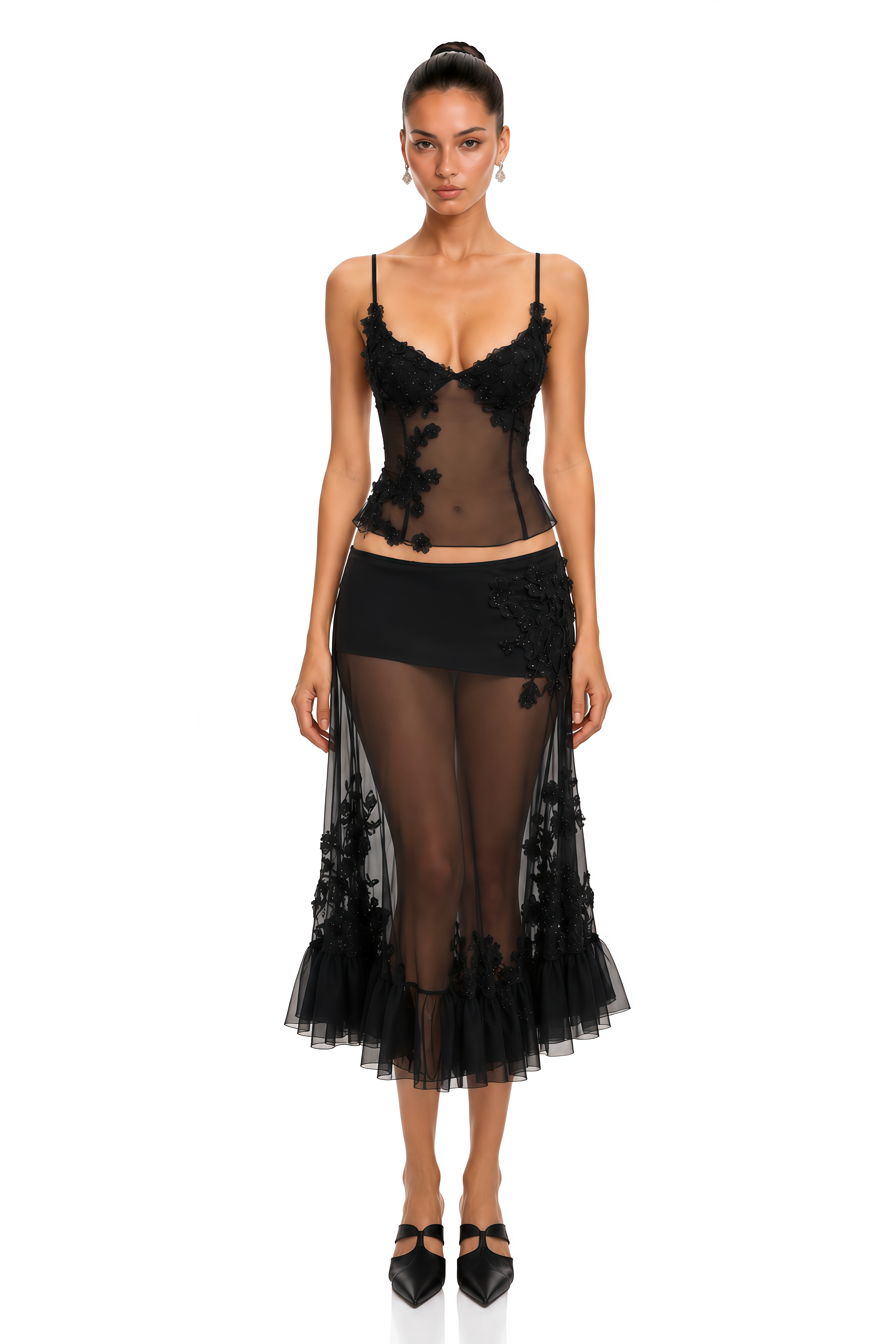 Tania Black Sheer Floral Applique Top & Mesh Midi Skirt Set