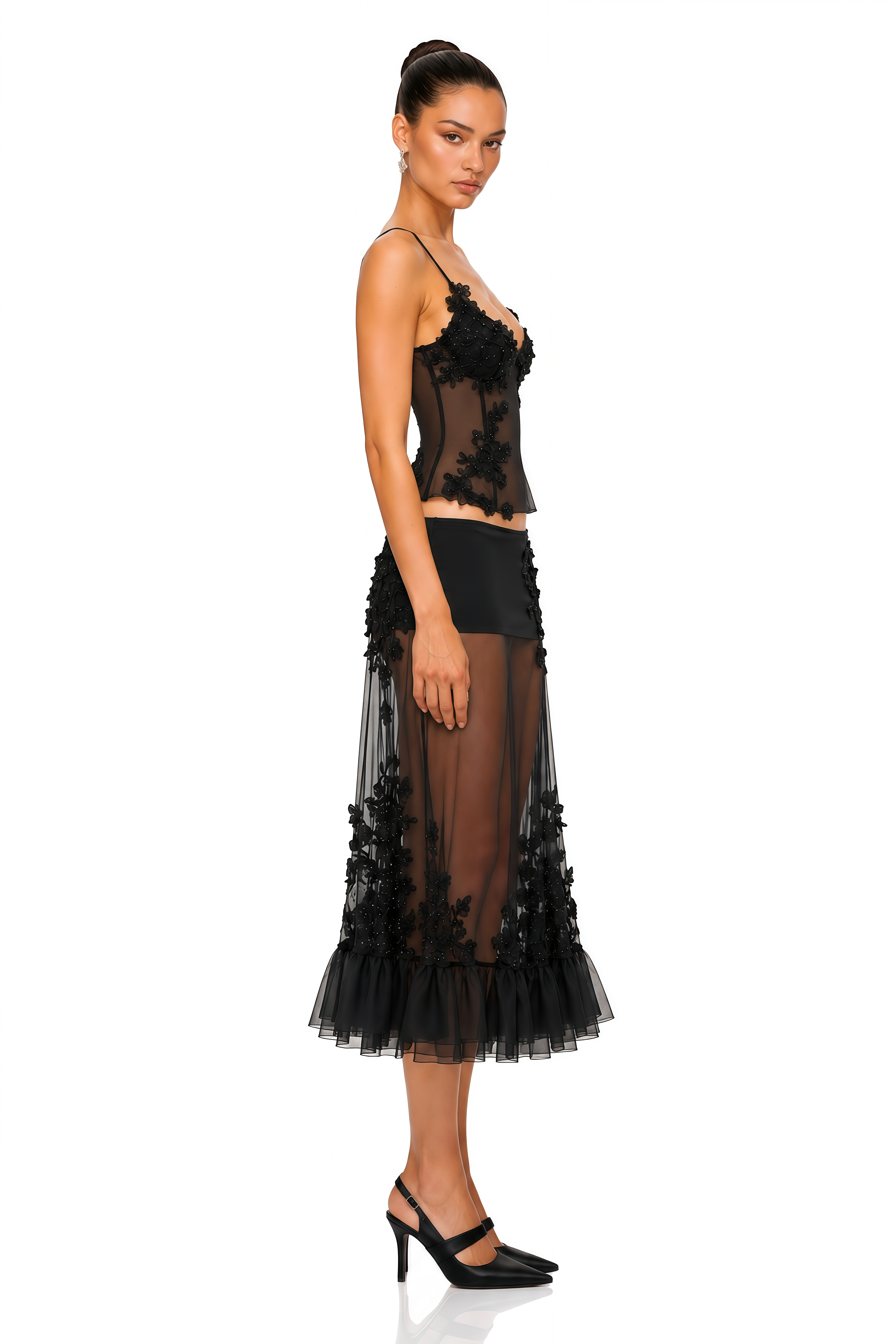 Tania Black Sheer Floral Applique Top & Mesh Midi Skirt Set
