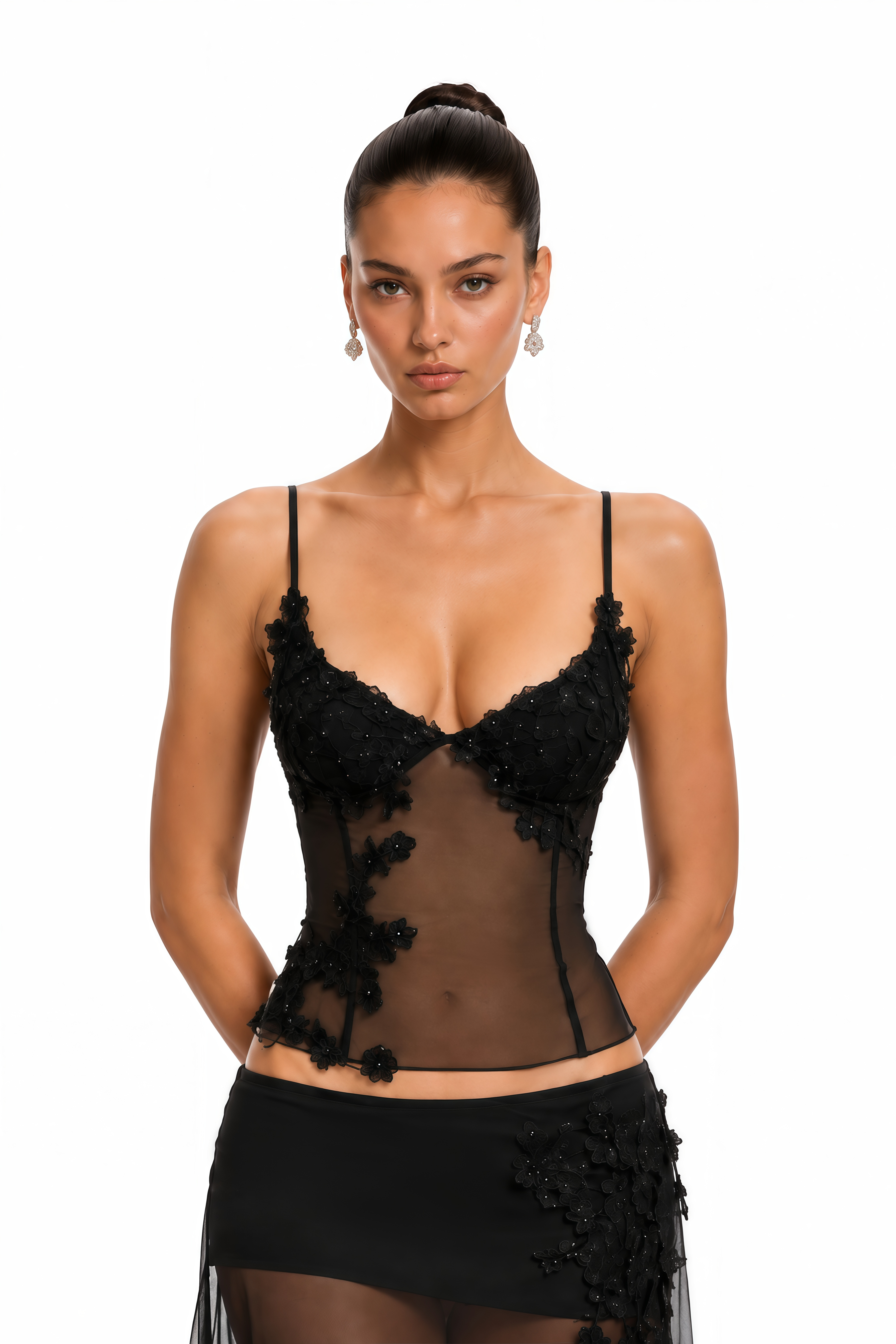 Tania Black Sheer Floral Applique Top & Mesh Midi Skirt Set