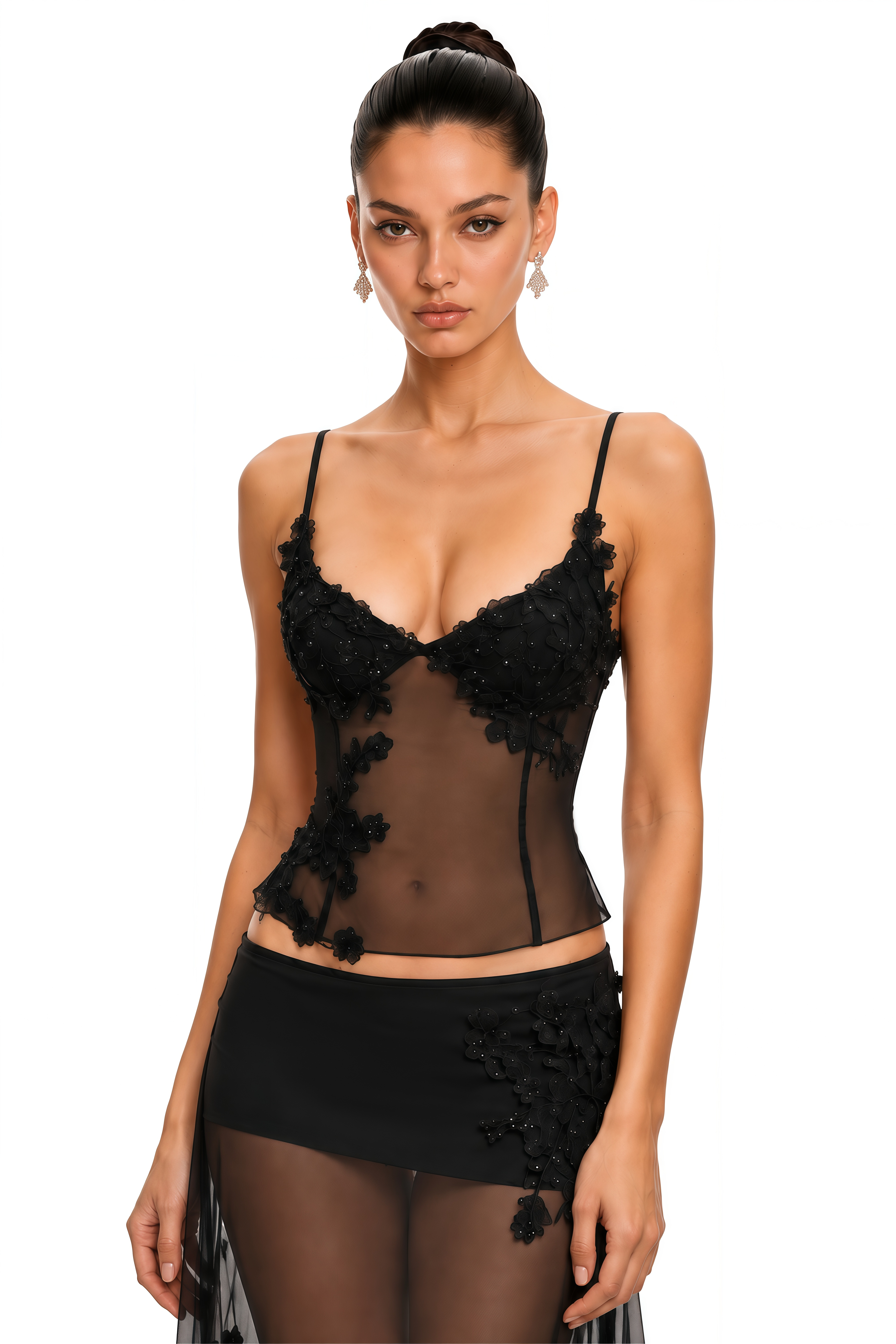 Tania Black Sheer Floral Applique Top & Mesh Midi Skirt Set