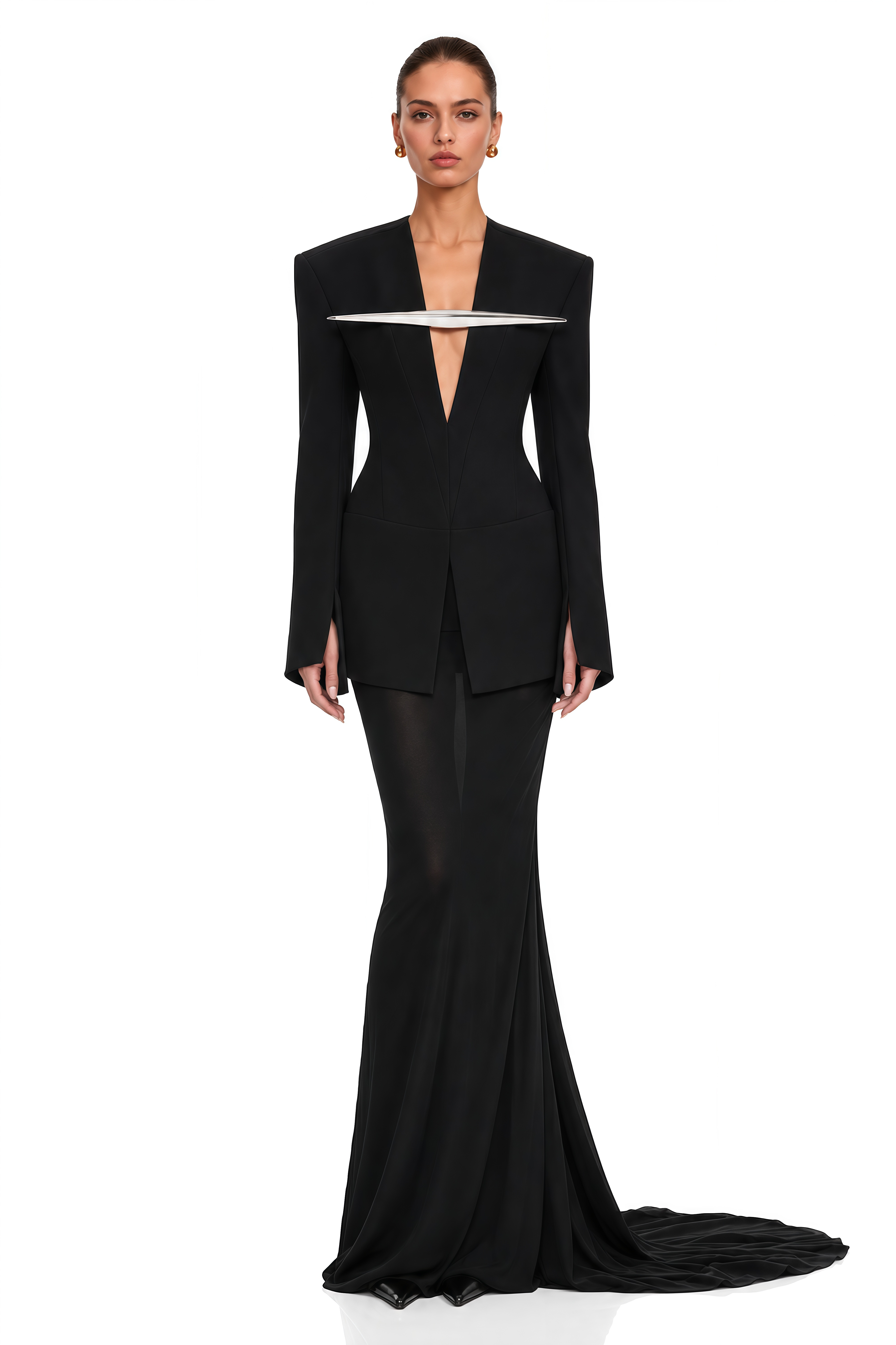 Tasfiya Black Structured Blazer & Mermaid Maxi Skirt & Shorts Set