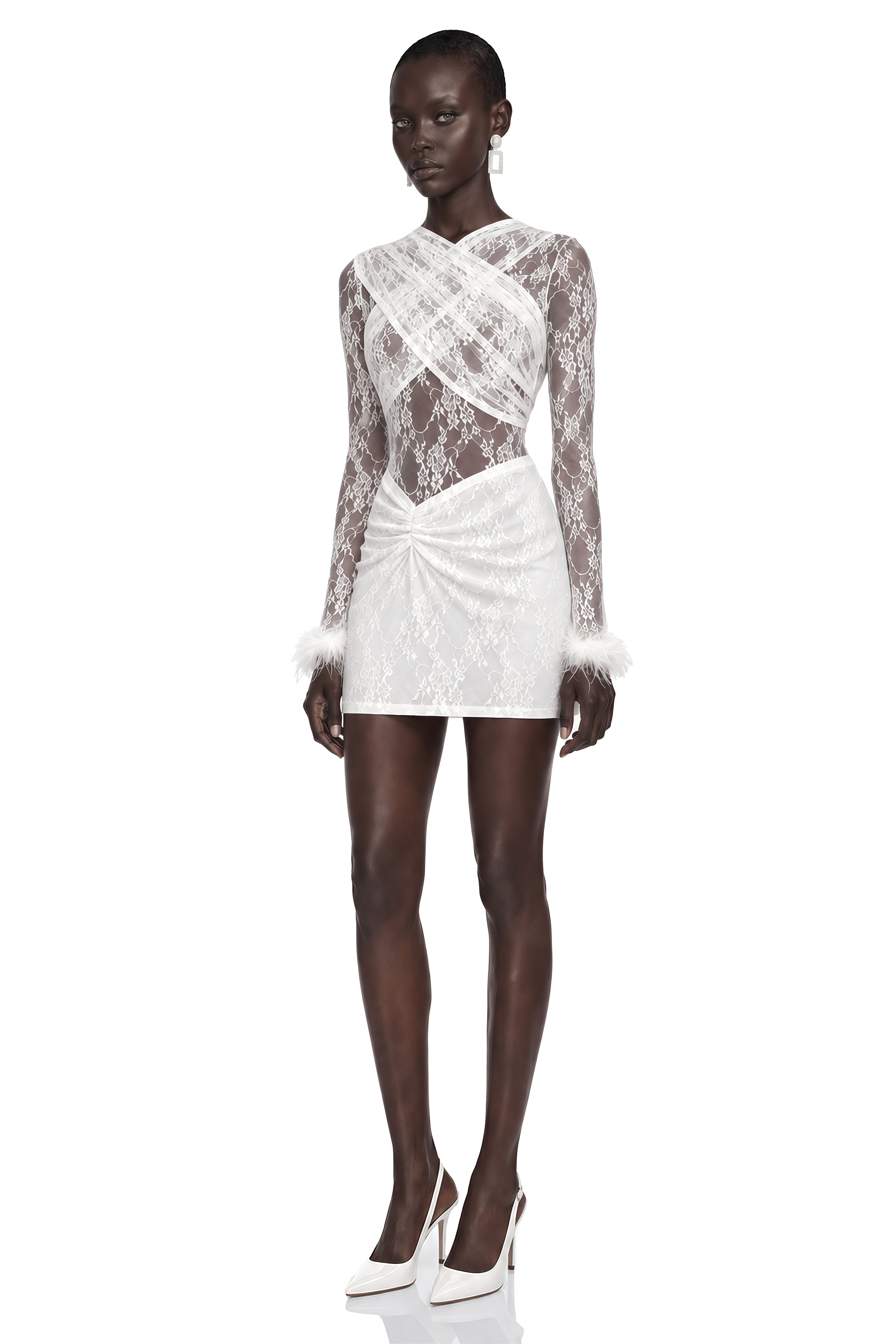 Temitope White Lace Long Sleeve Bodysuit & Mini Skirt Set
