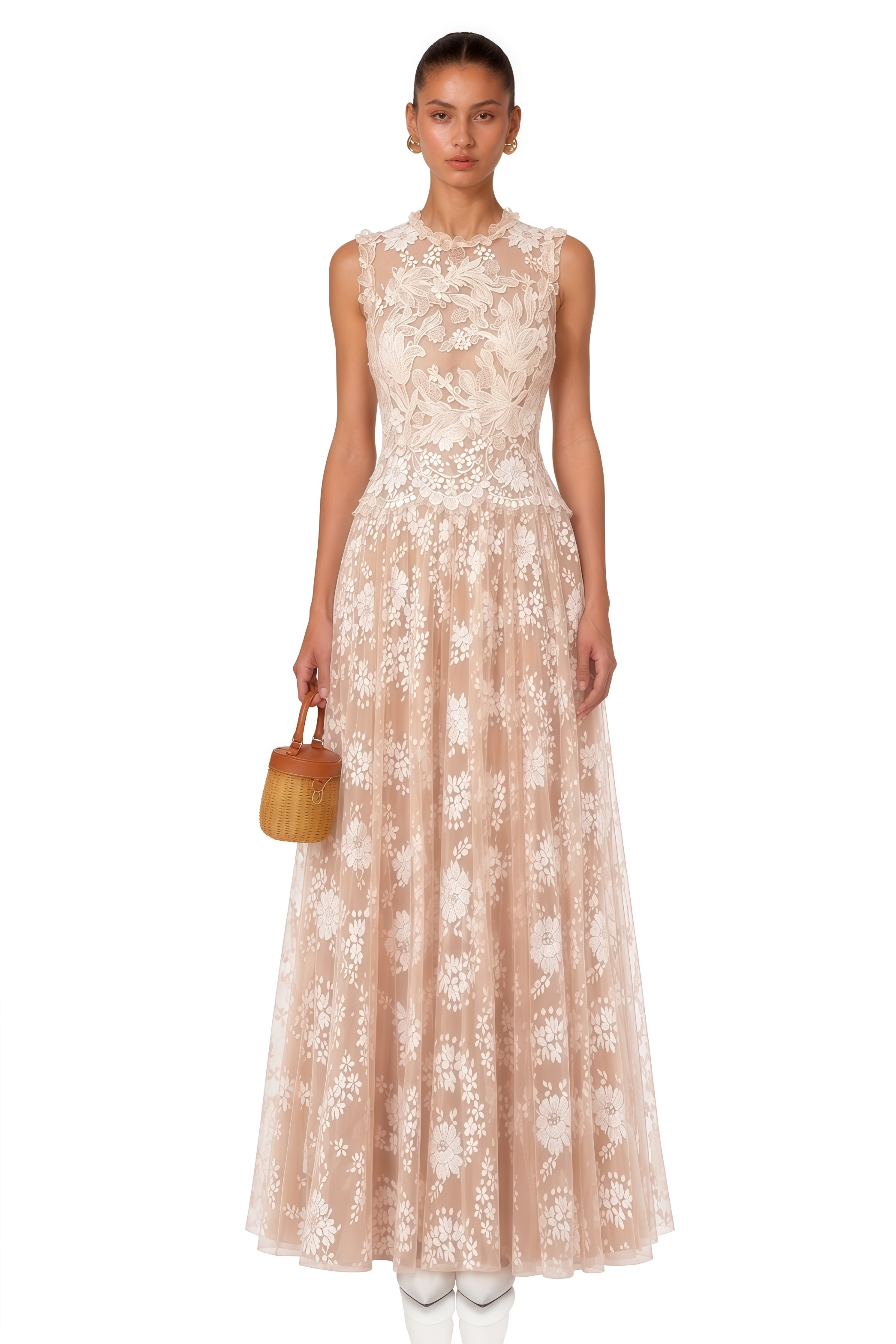 Terezie Neutral Lace Pleated Maxi Dress