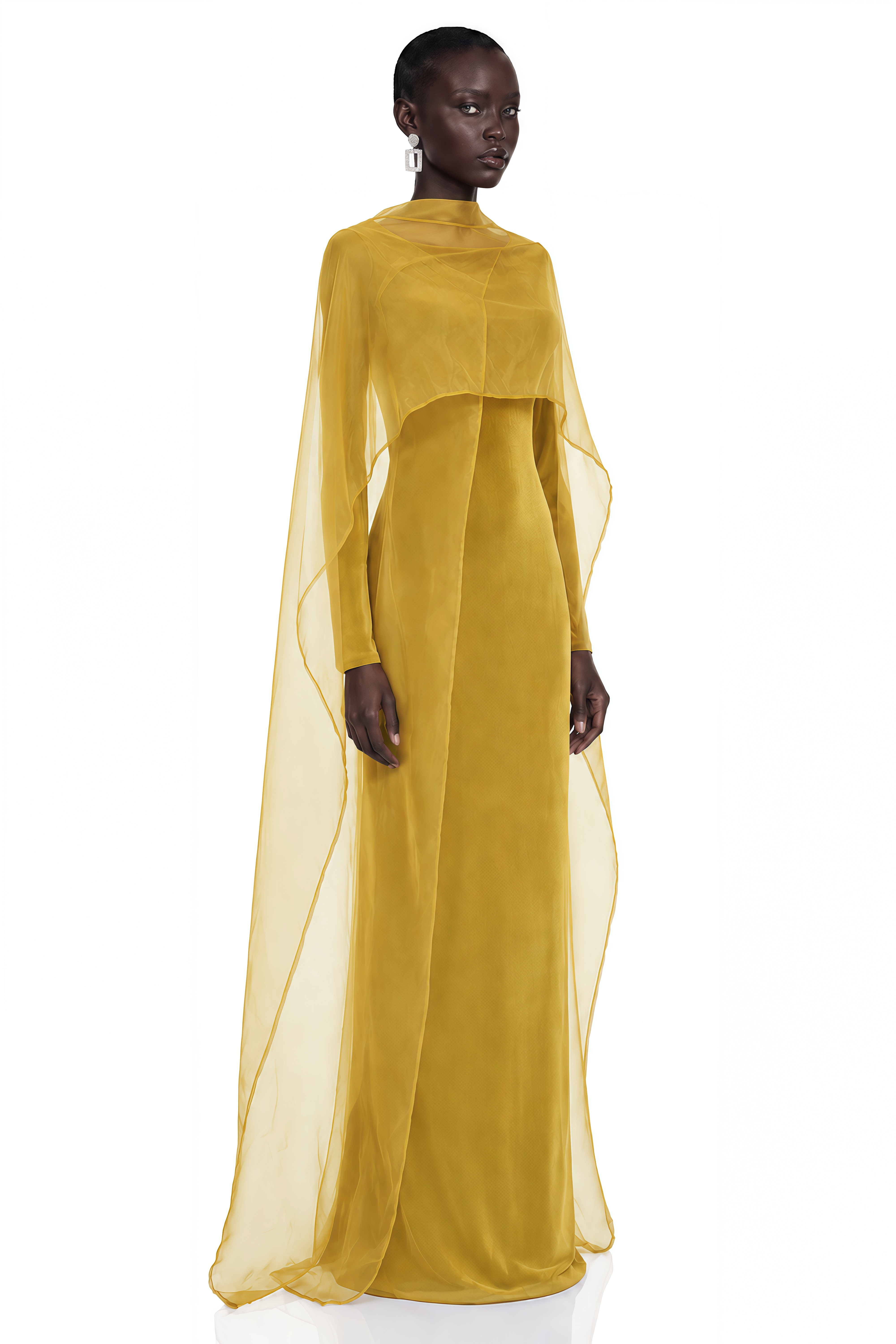 Thalassa Yellow Cape Sleeves Fitted Maxi Dress