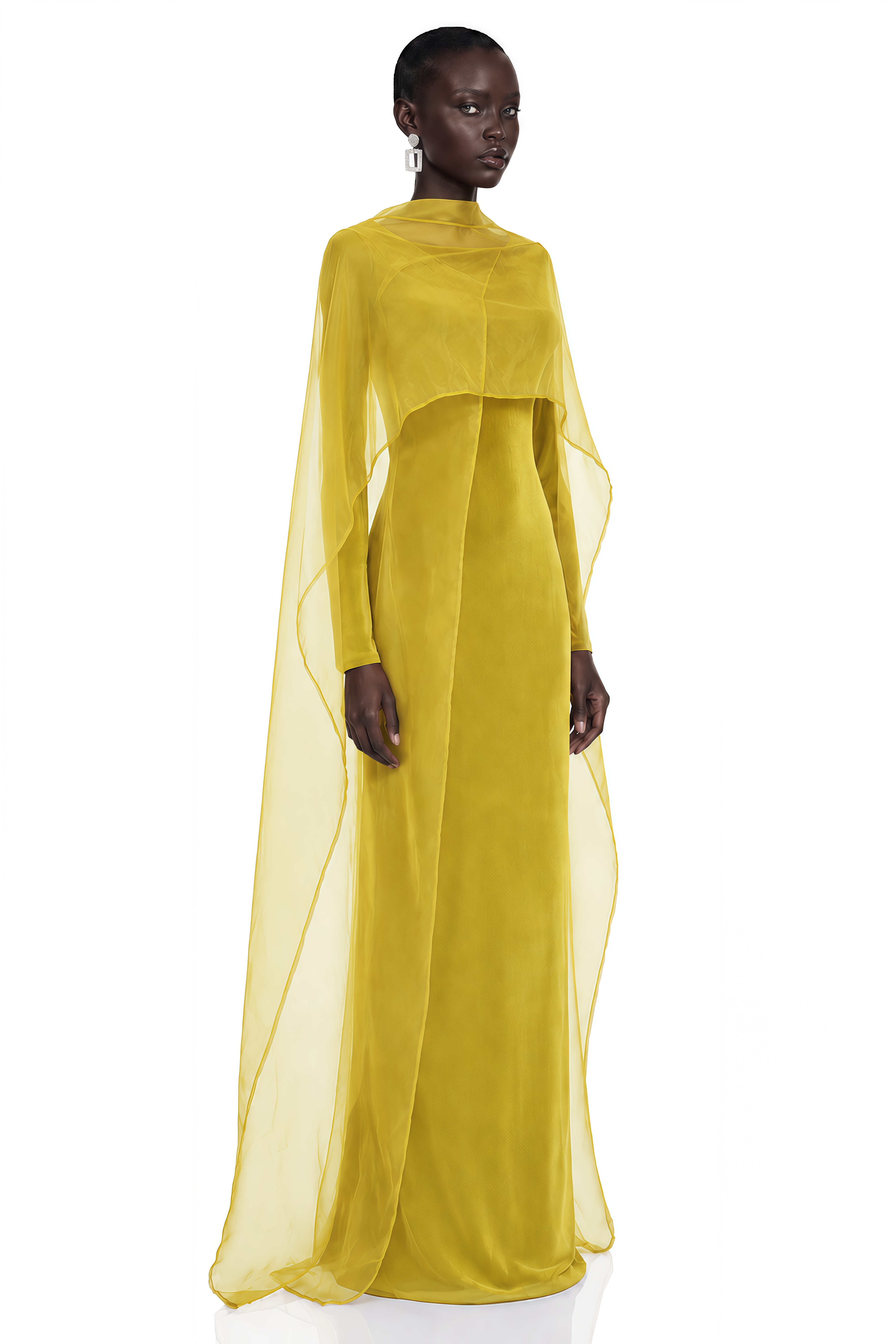 Thalassa Yellow Cape Sleeves Fitted Maxi Dress