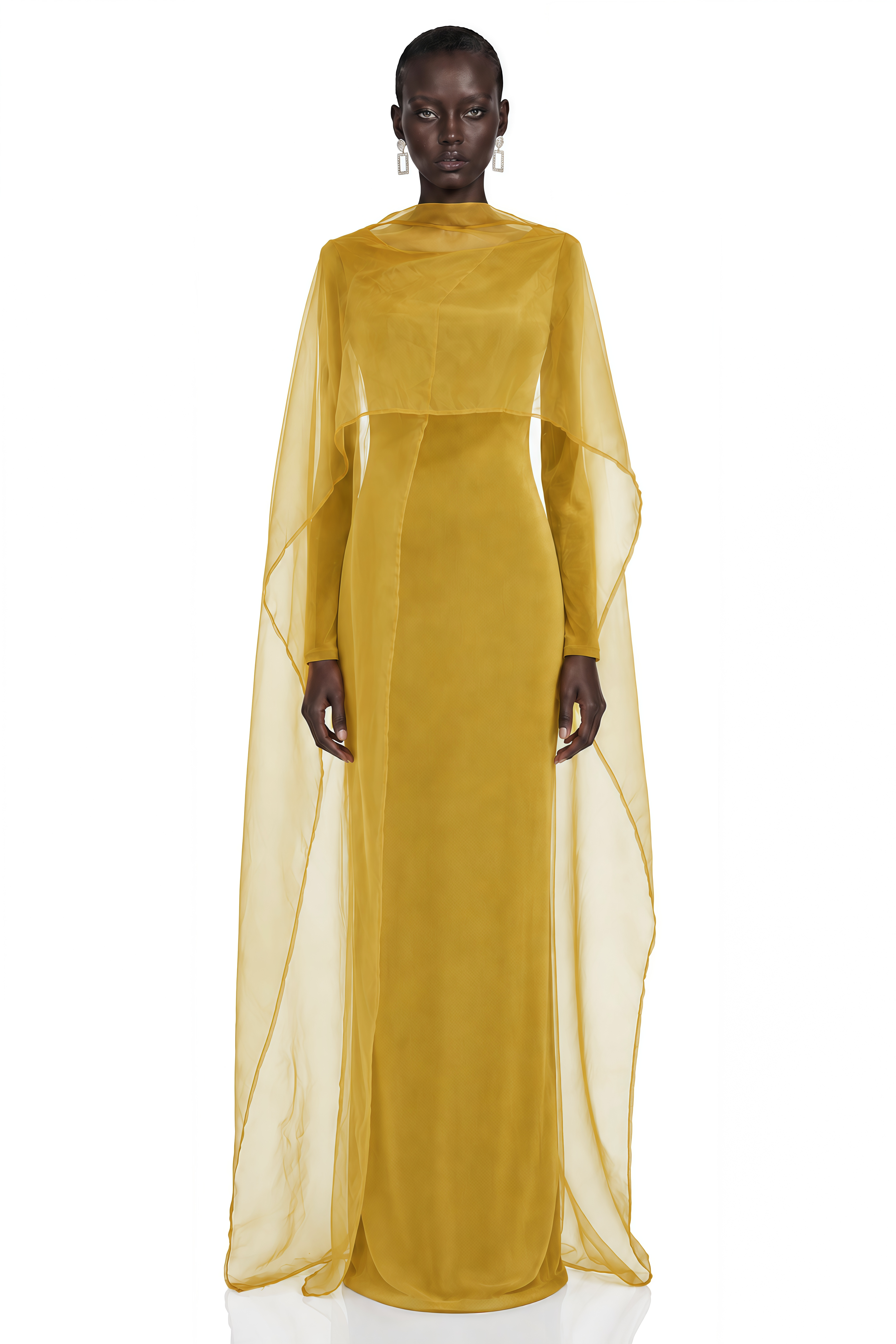 Thalassa Yellow Cape Sleeves Fitted Maxi Dress