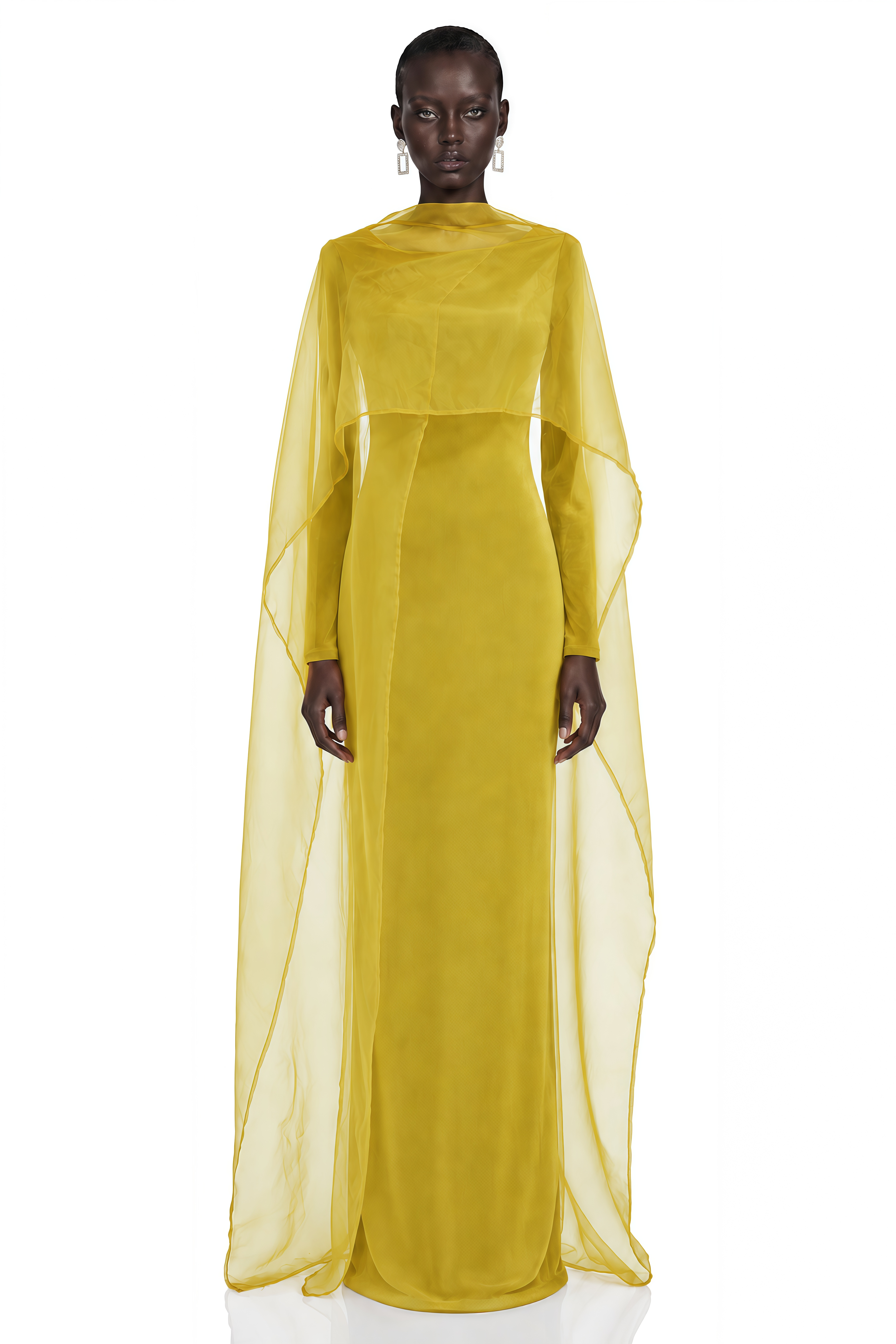 Thalassa Yellow Cape Sleeves Fitted Maxi Dress