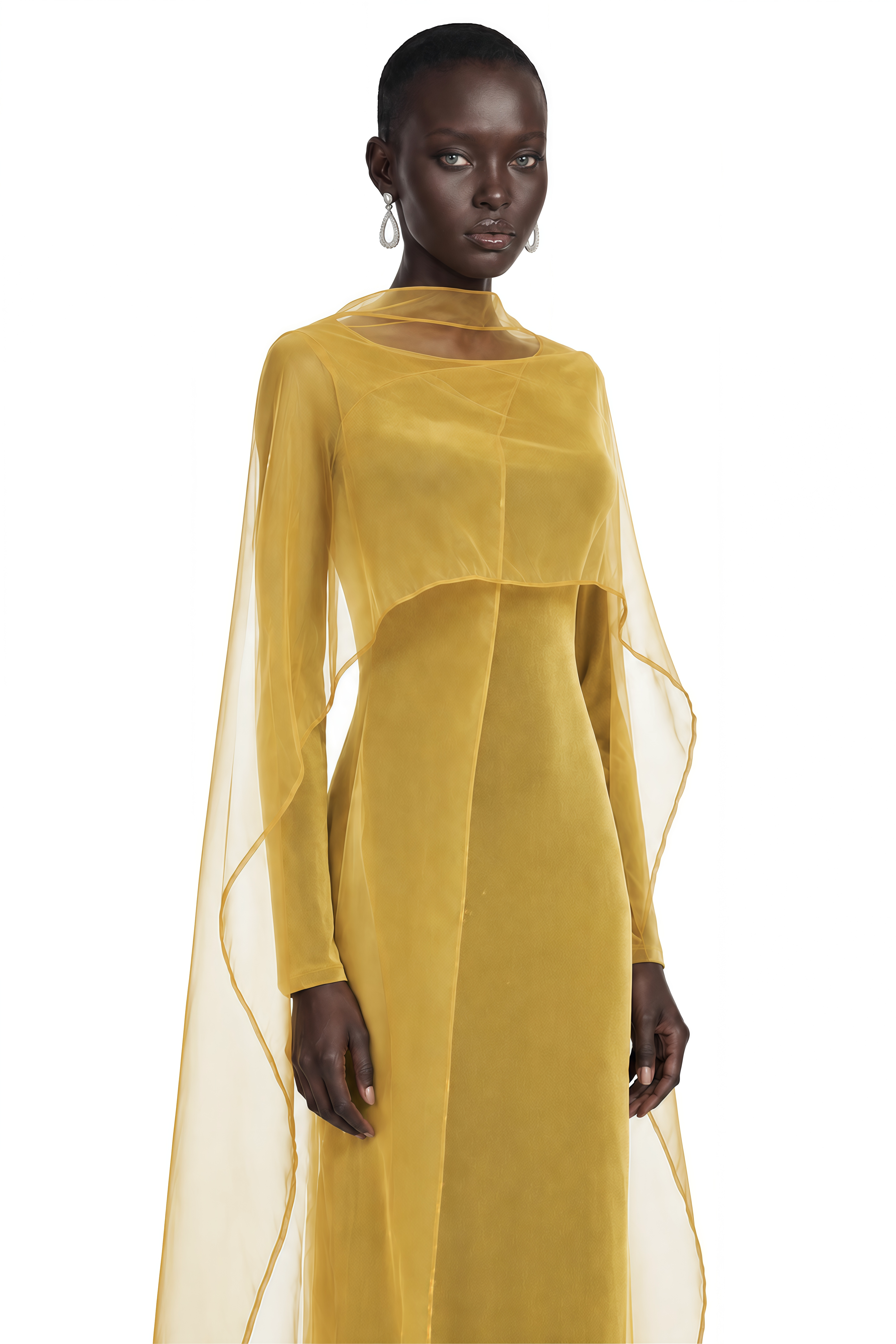 Thalassa Yellow Cape Sleeves Fitted Maxi Dress