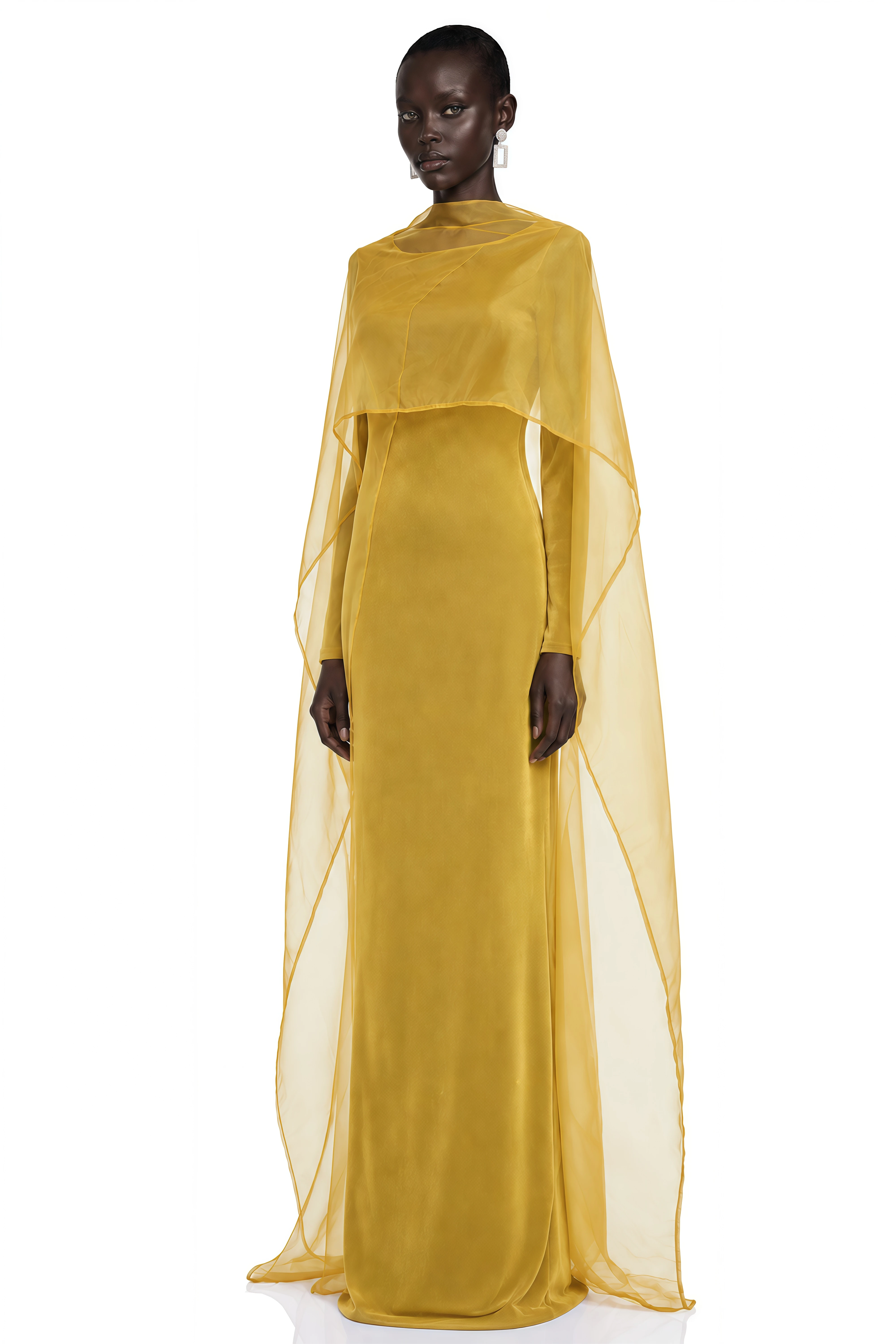 Thalassa Yellow Cape Sleeves Fitted Maxi Dress