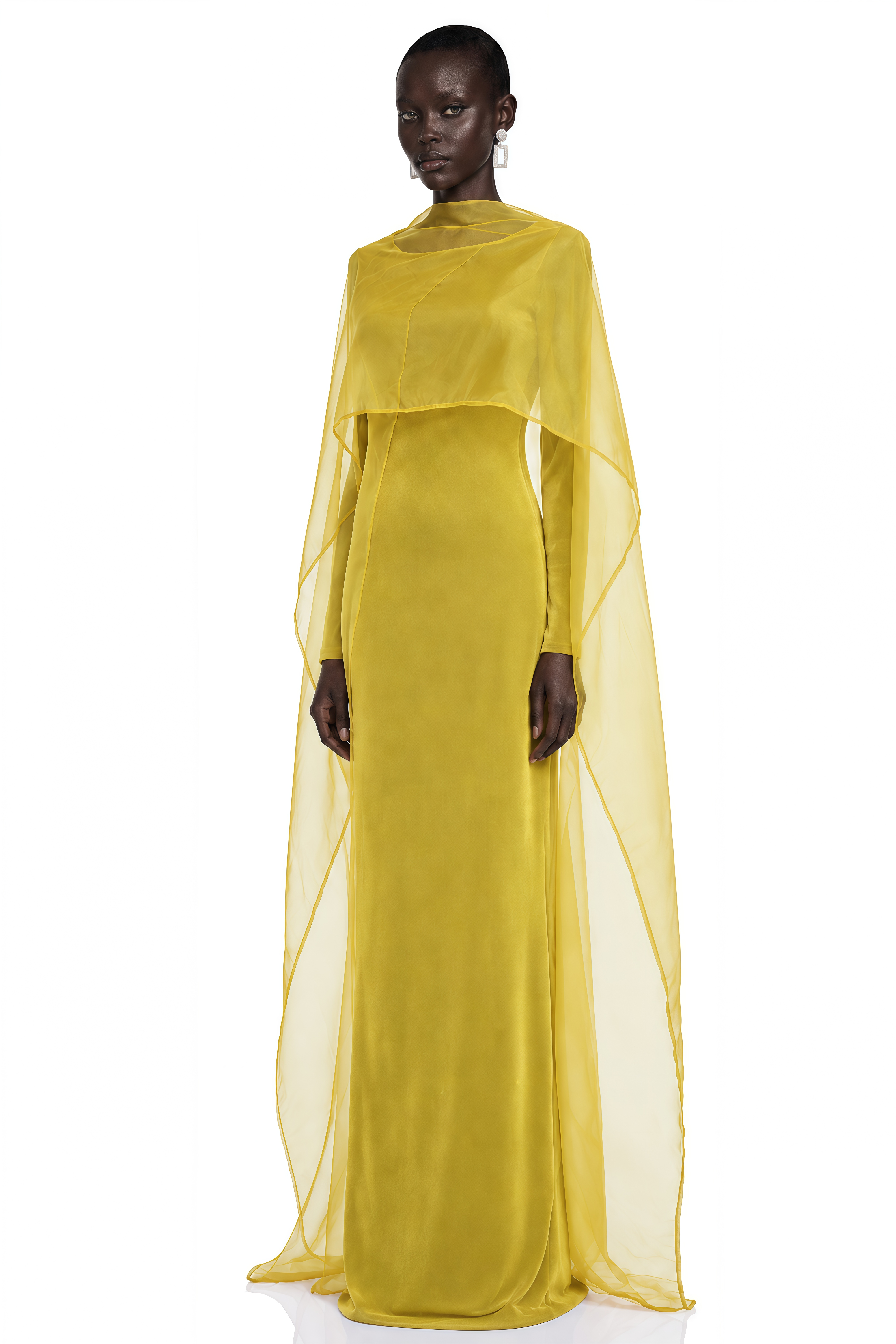 Thalassa Yellow Cape Sleeves Fitted Maxi Dress