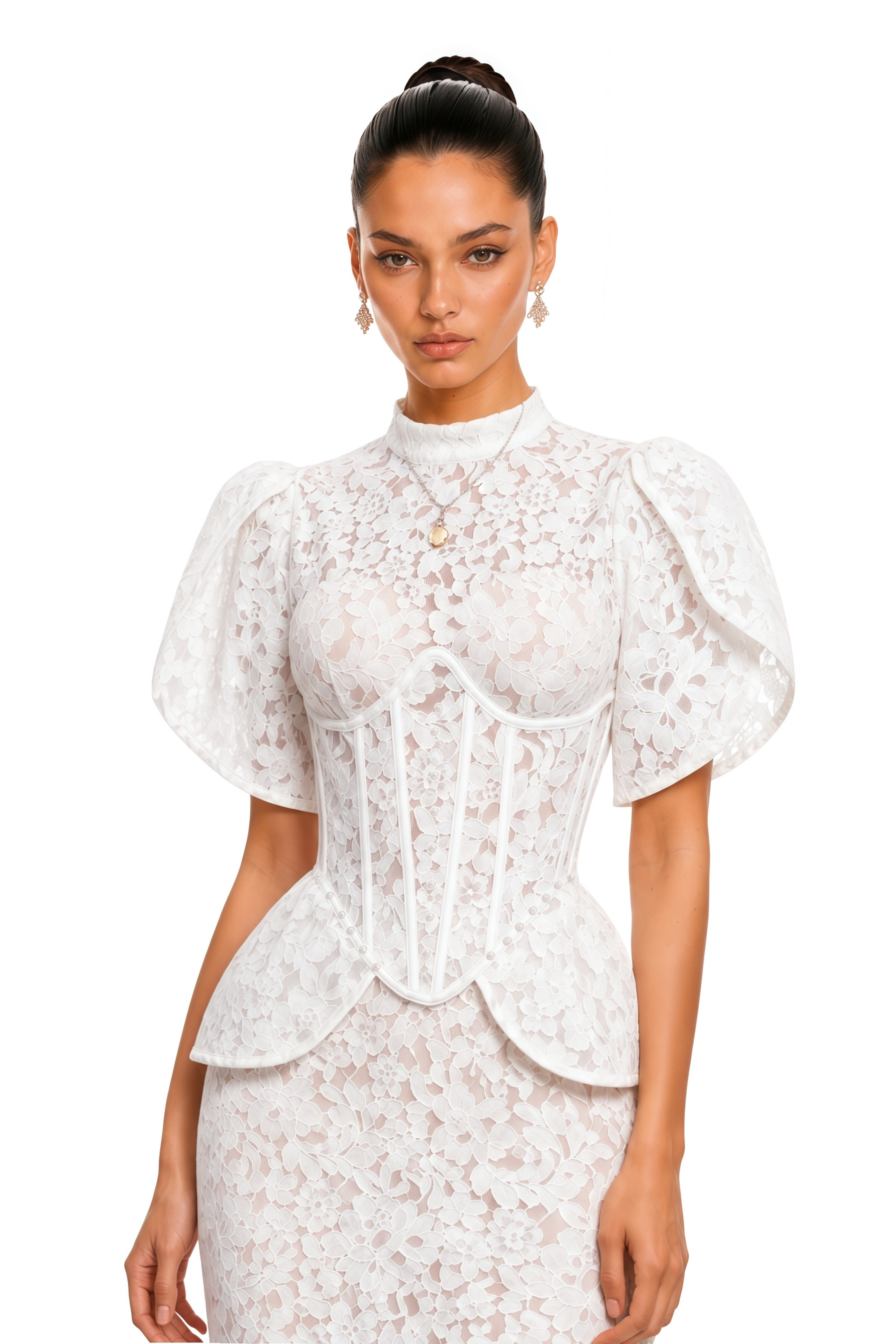 Thea White Lace Puff Sleeve Peplum Blouse & Skirt Set