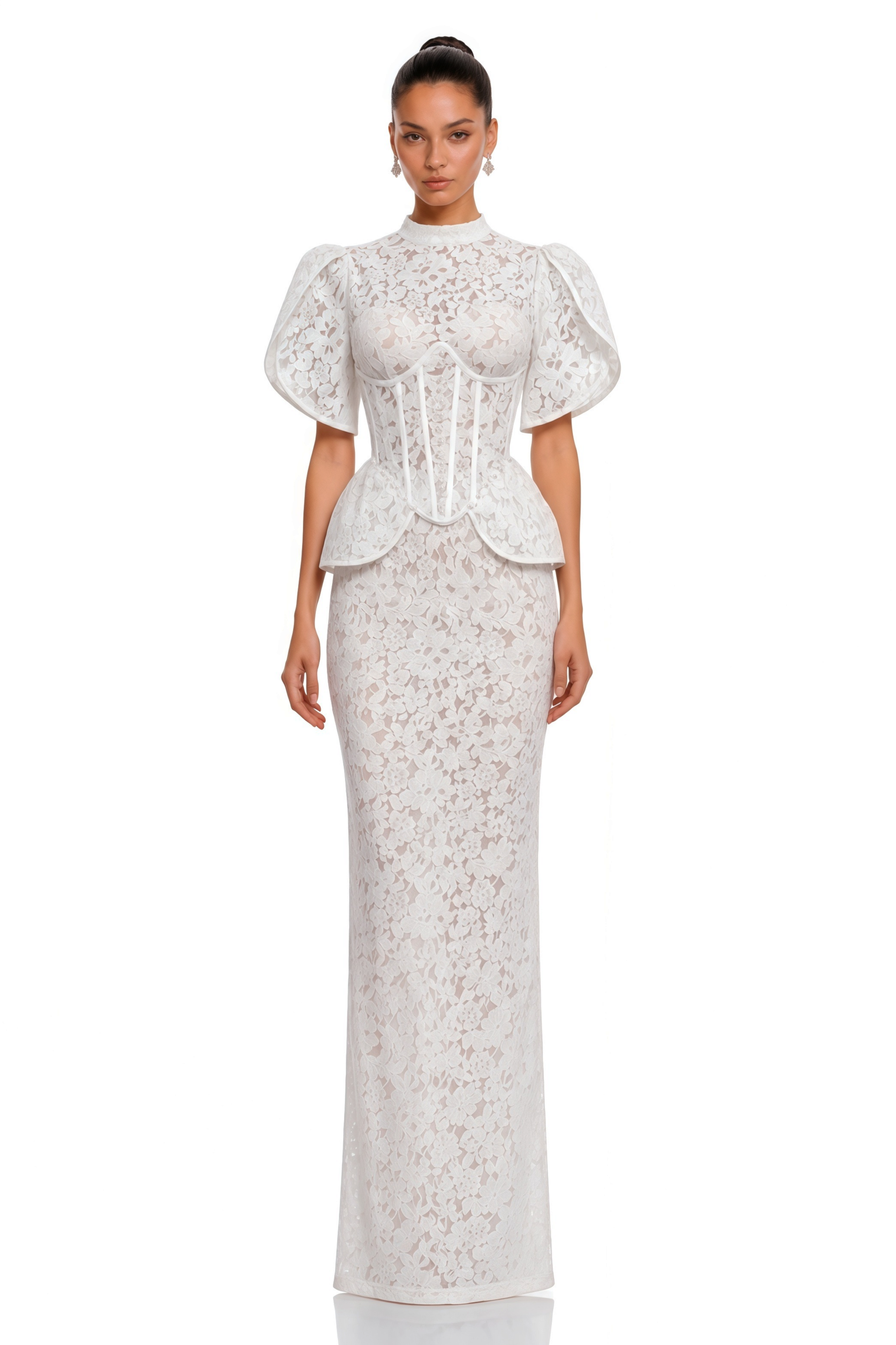 Thea White Lace Puff Sleeve Peplum Blouse & Skirt Set