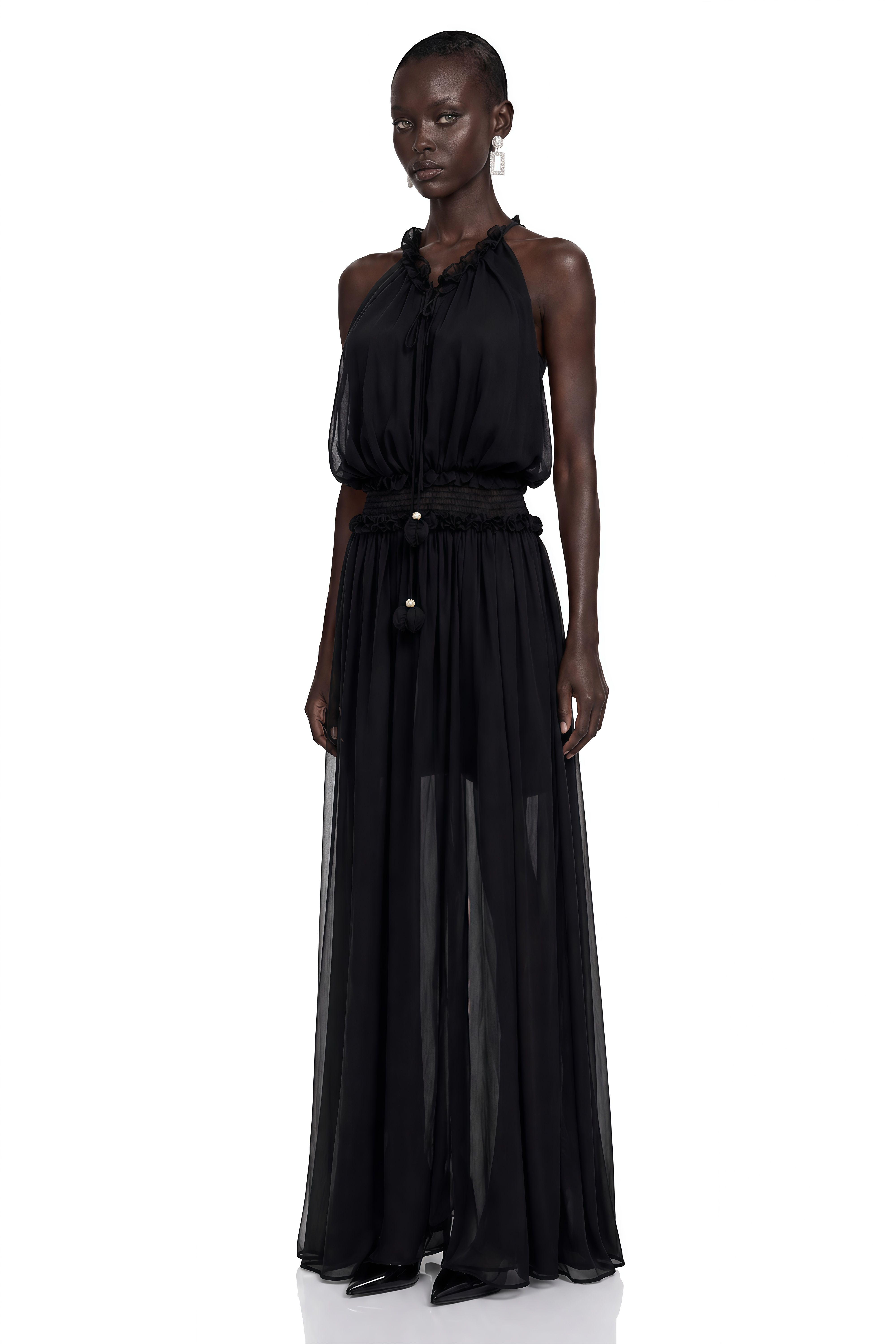 Theodora Black Halterneck Sheer Ruched Maxi Dress