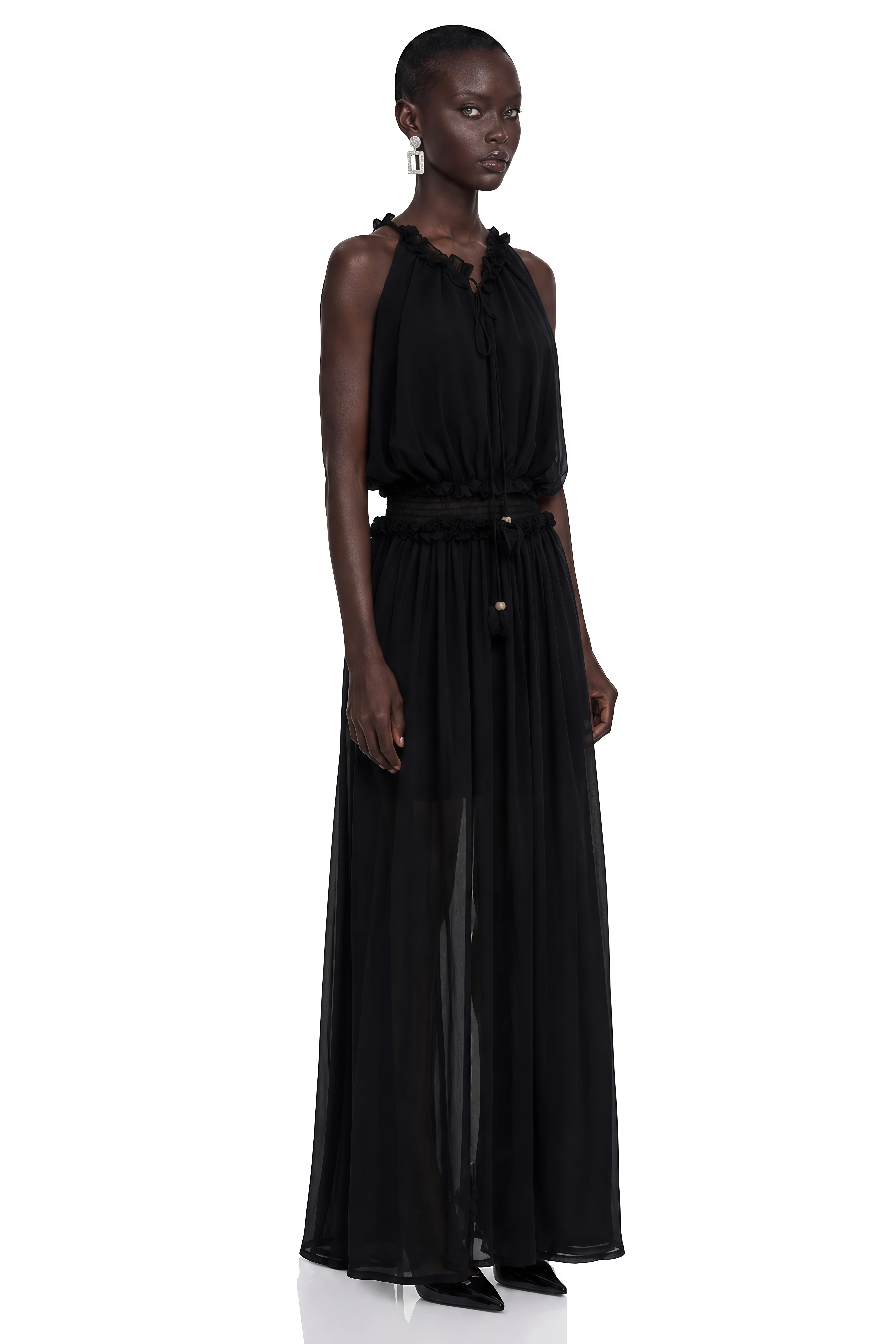 Theodora Black Halterneck Sheer Ruched Maxi Dress