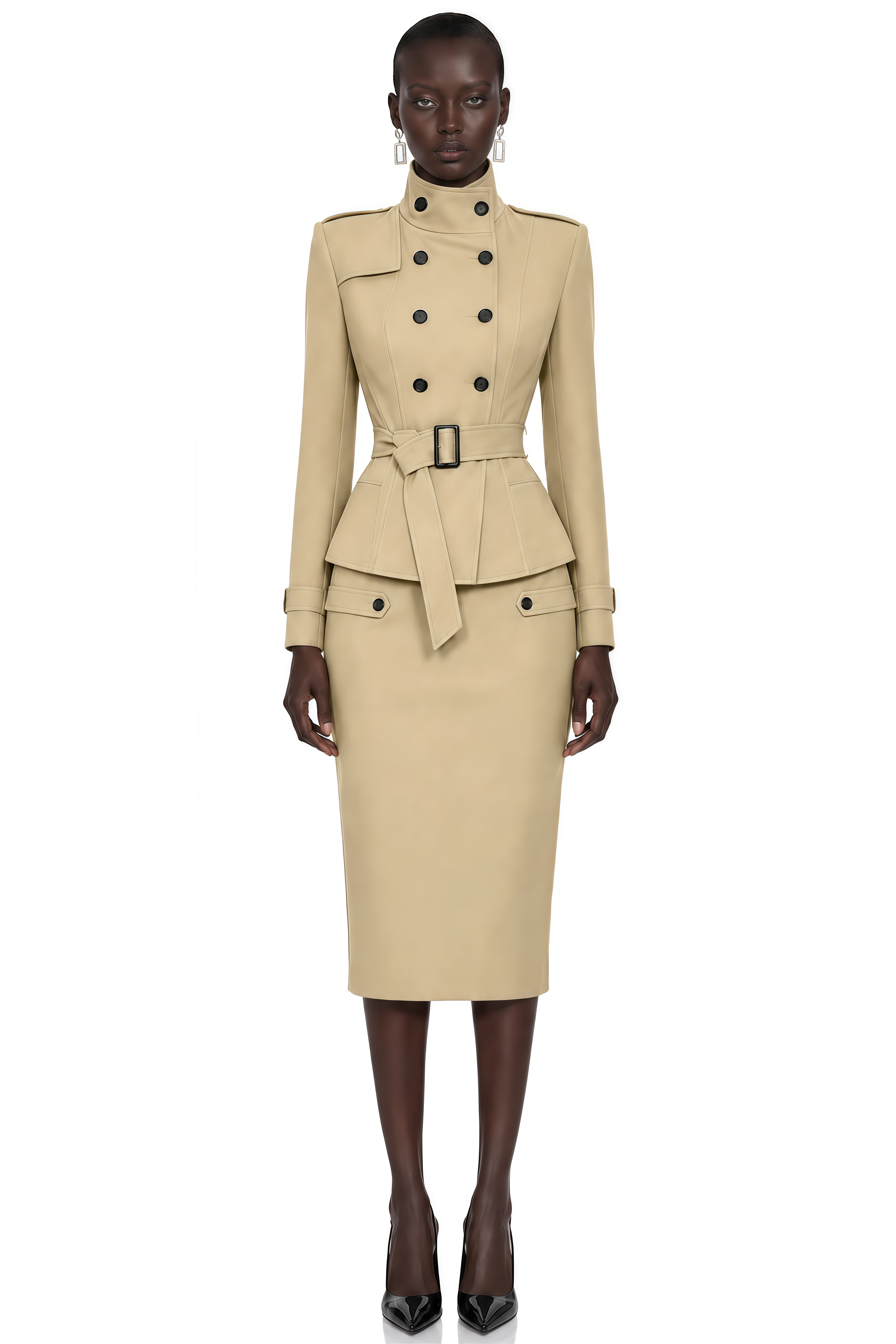 Therese Khaki High Neck Belted Jacket & Skirt Set