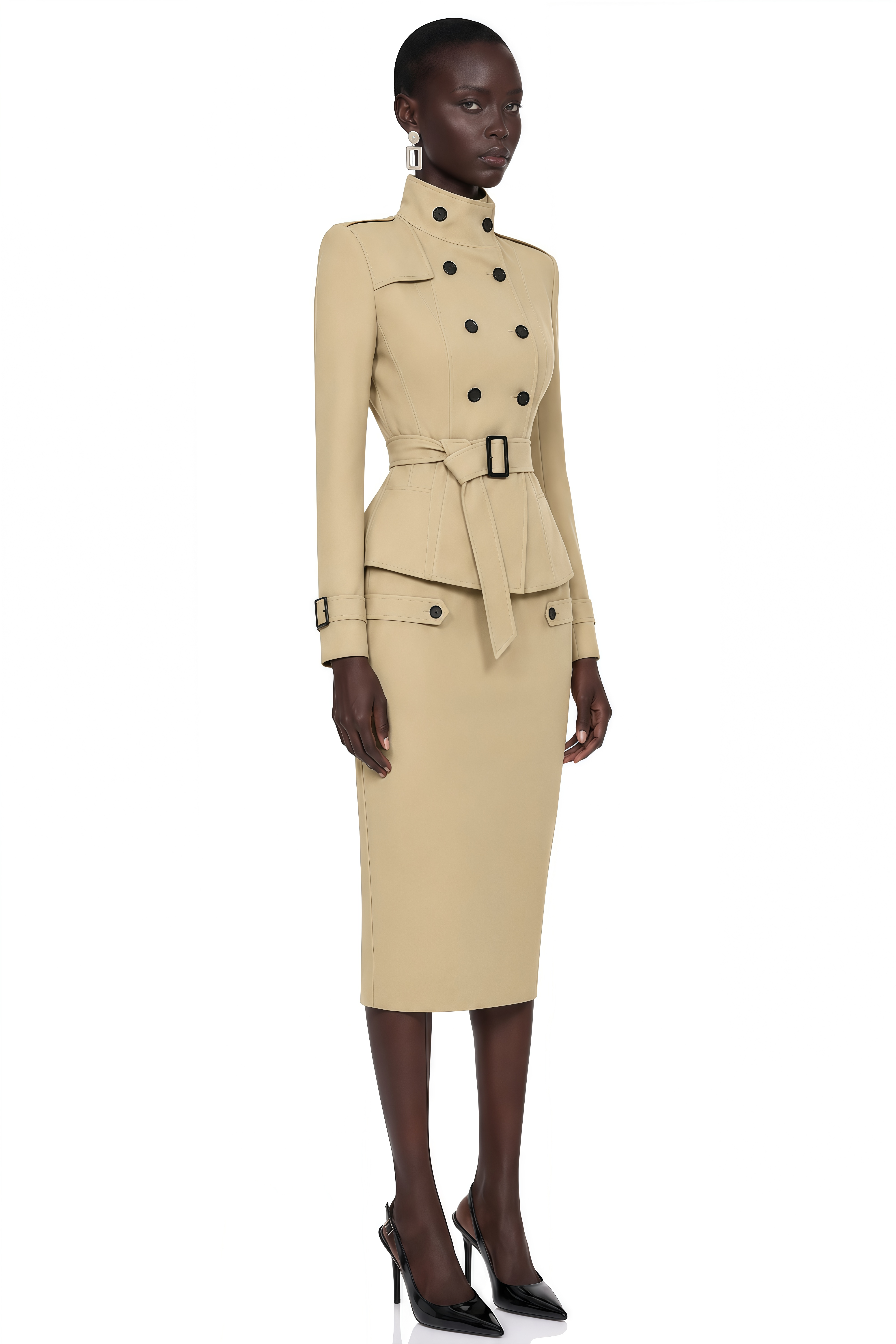 Therese Khaki High Neck Belted Jacket & Skirt Set