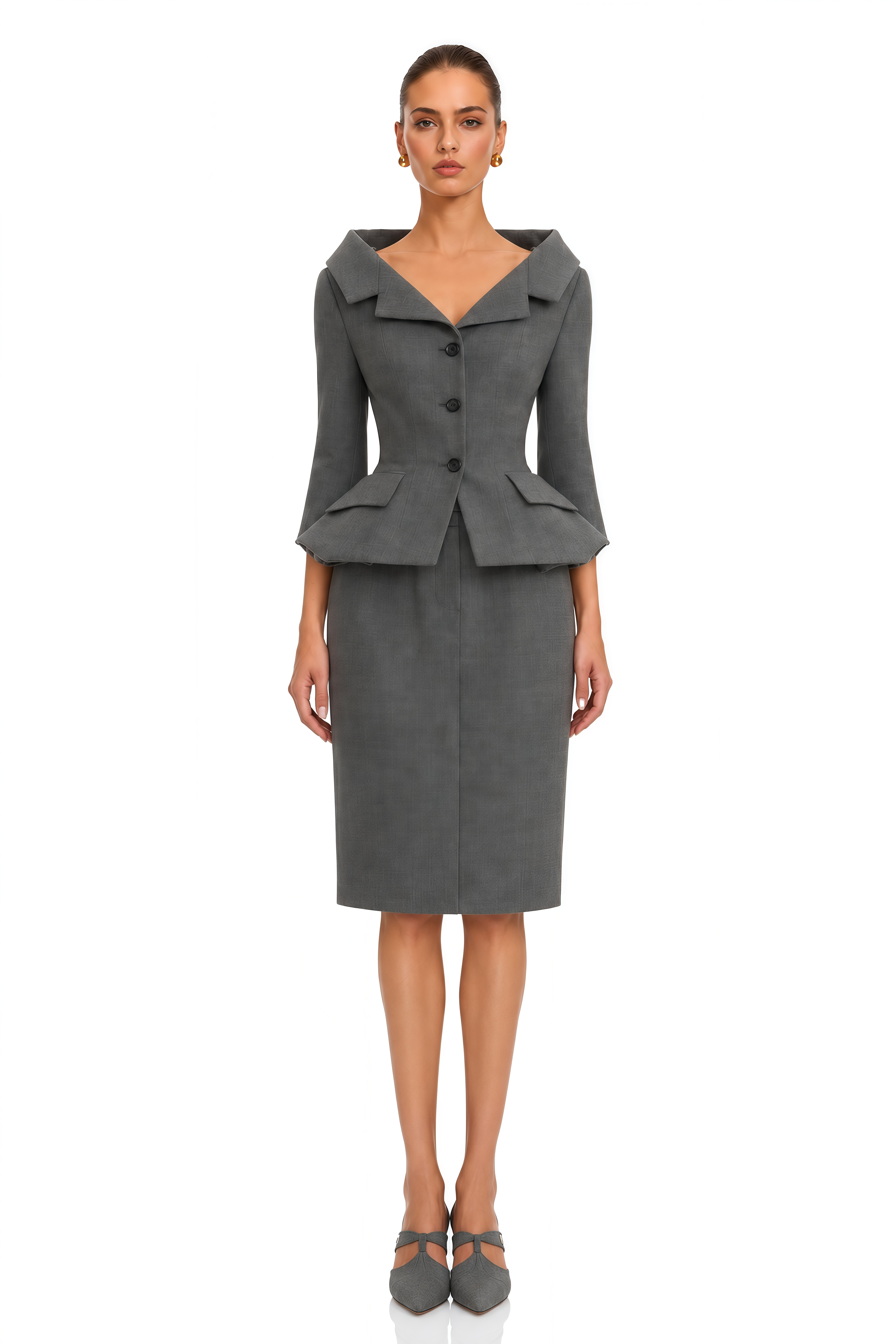 Thessaly Grey Tailored Blazer & Pencil Midi Skirt Set
