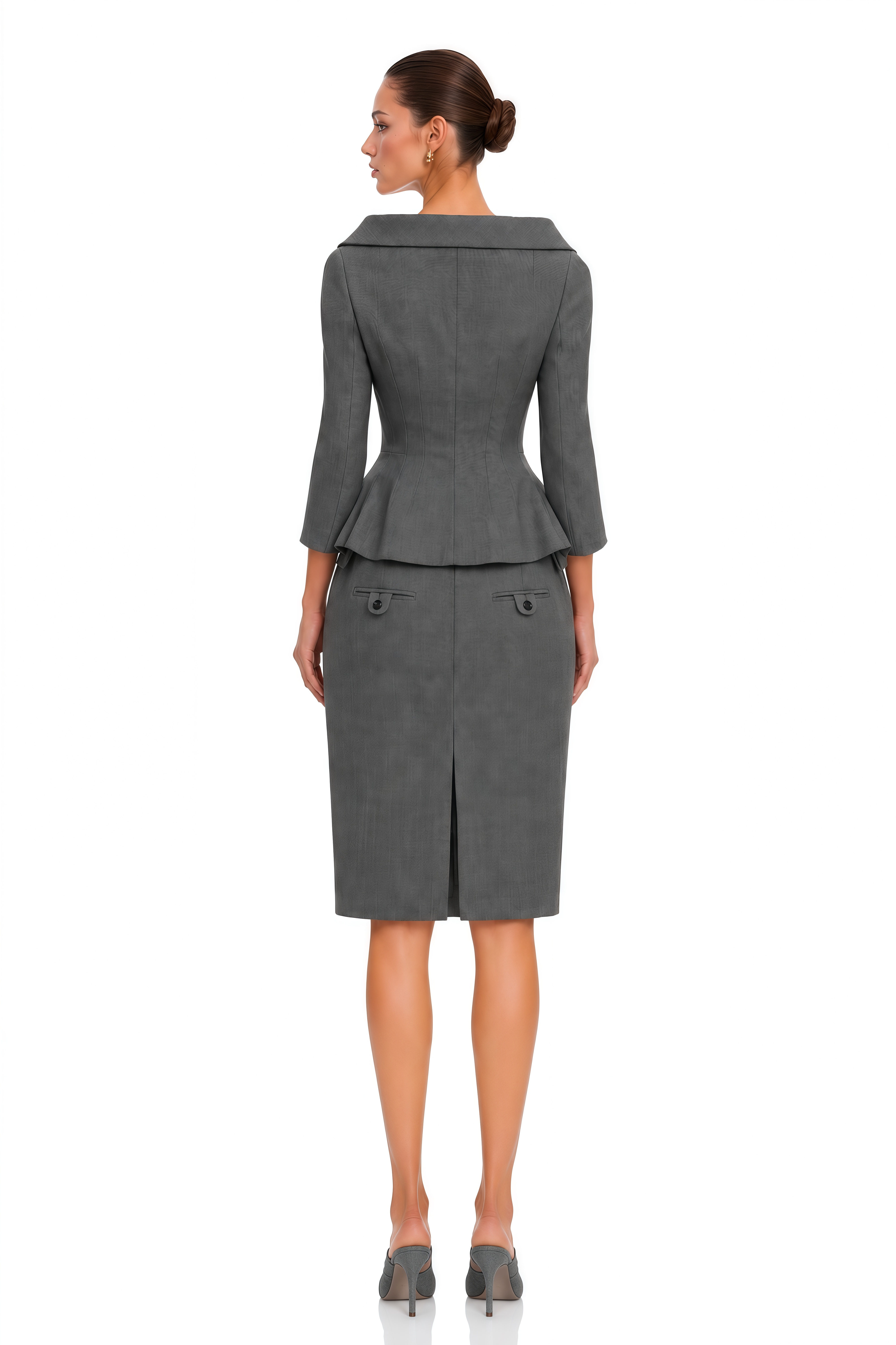 Thessaly Grey Tailored Blazer & Pencil Midi Skirt Set