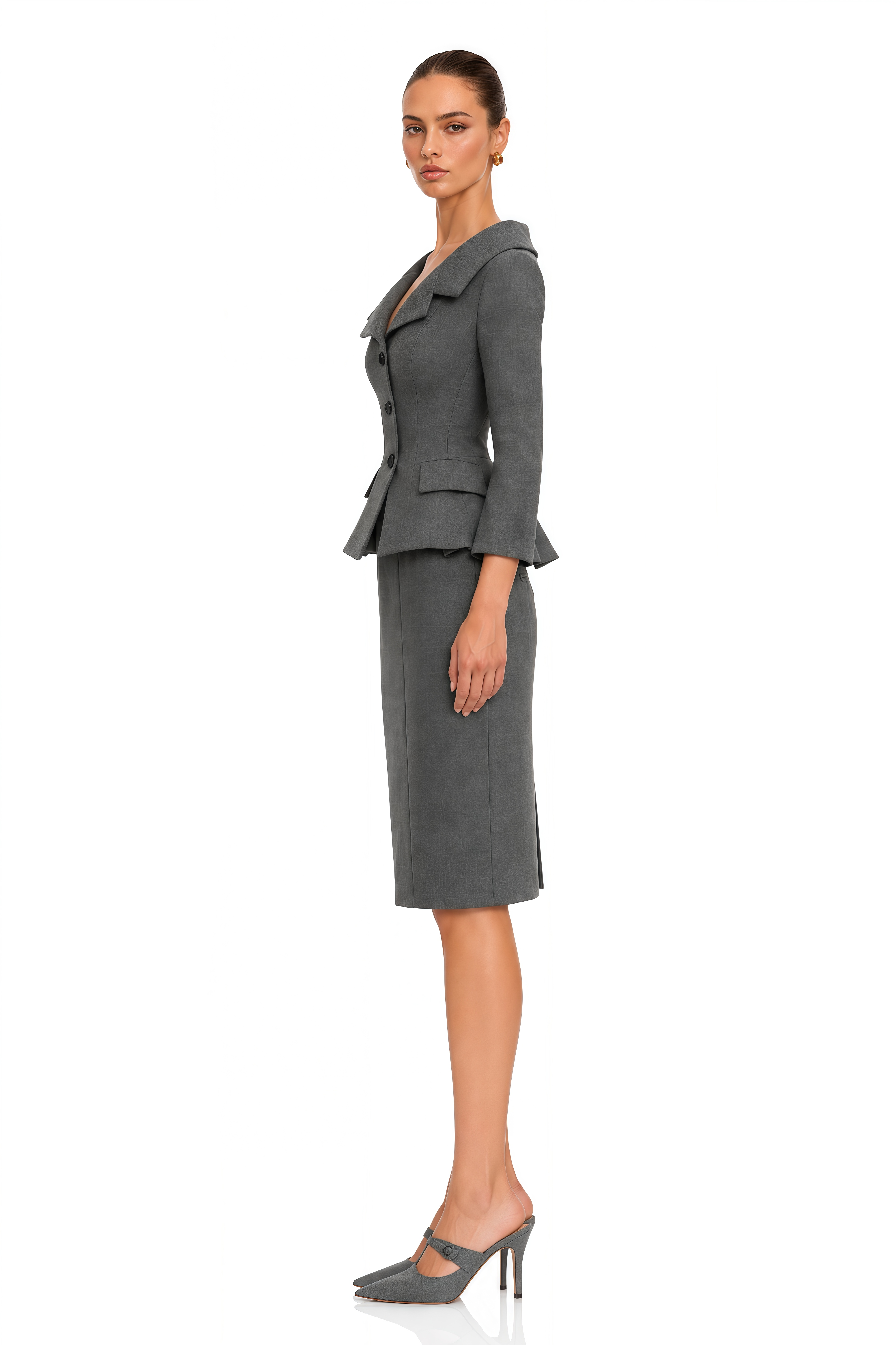Thessaly Grey Tailored Blazer & Pencil Midi Skirt Set