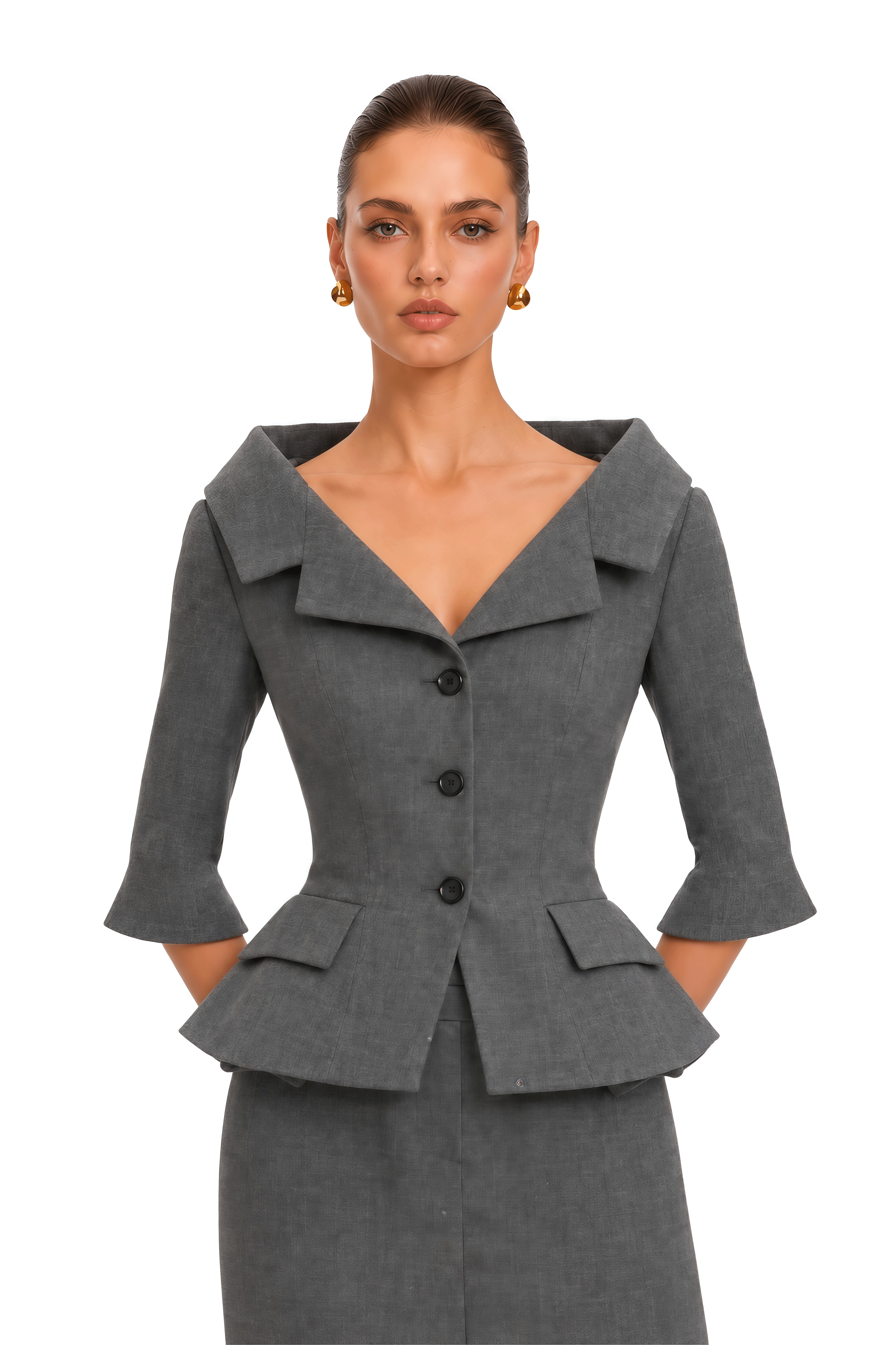 Thessaly Grey Tailored Blazer & Pencil Midi Skirt Set