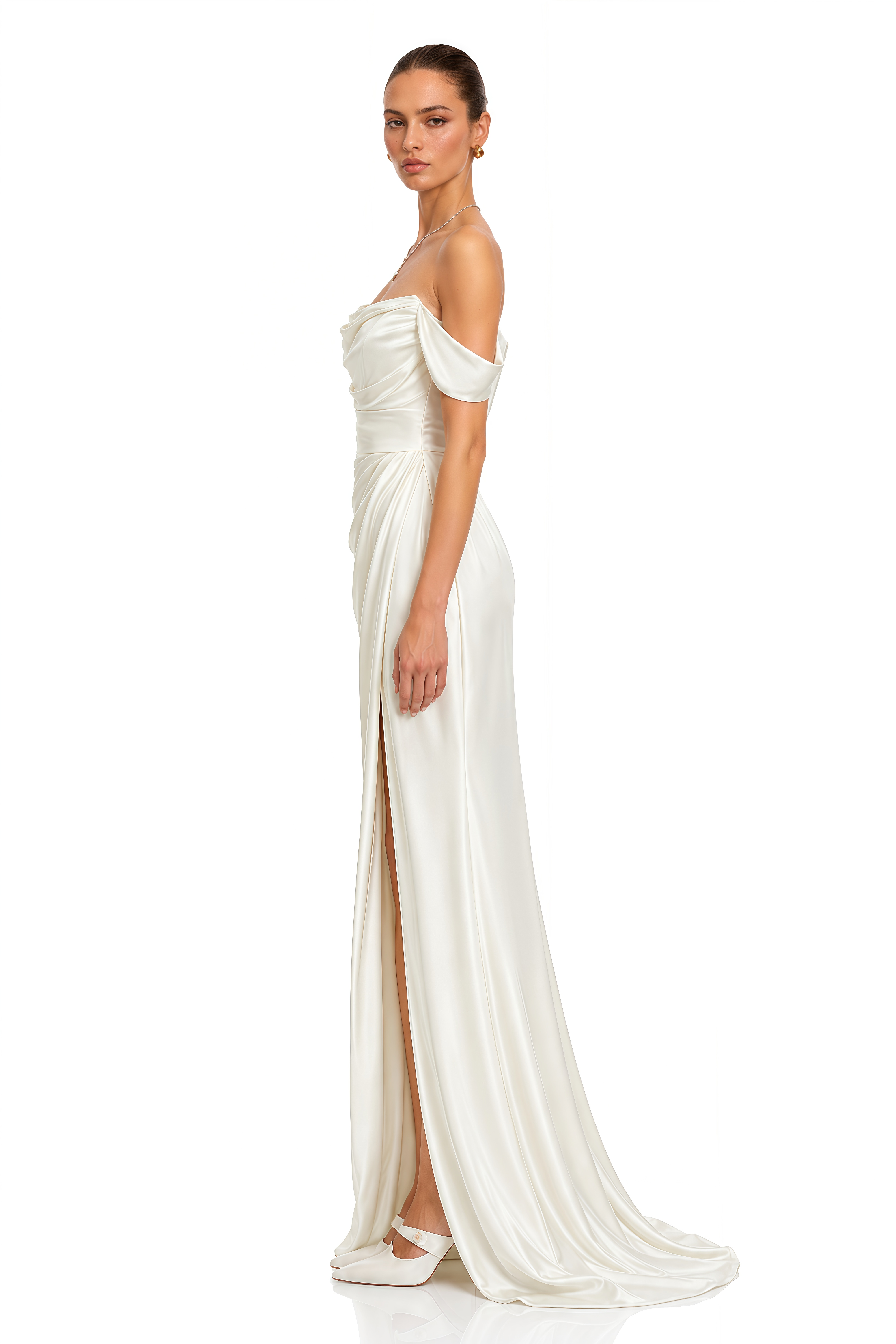 Trudie White Off Shoulder Draped Slit Maxi Dress
