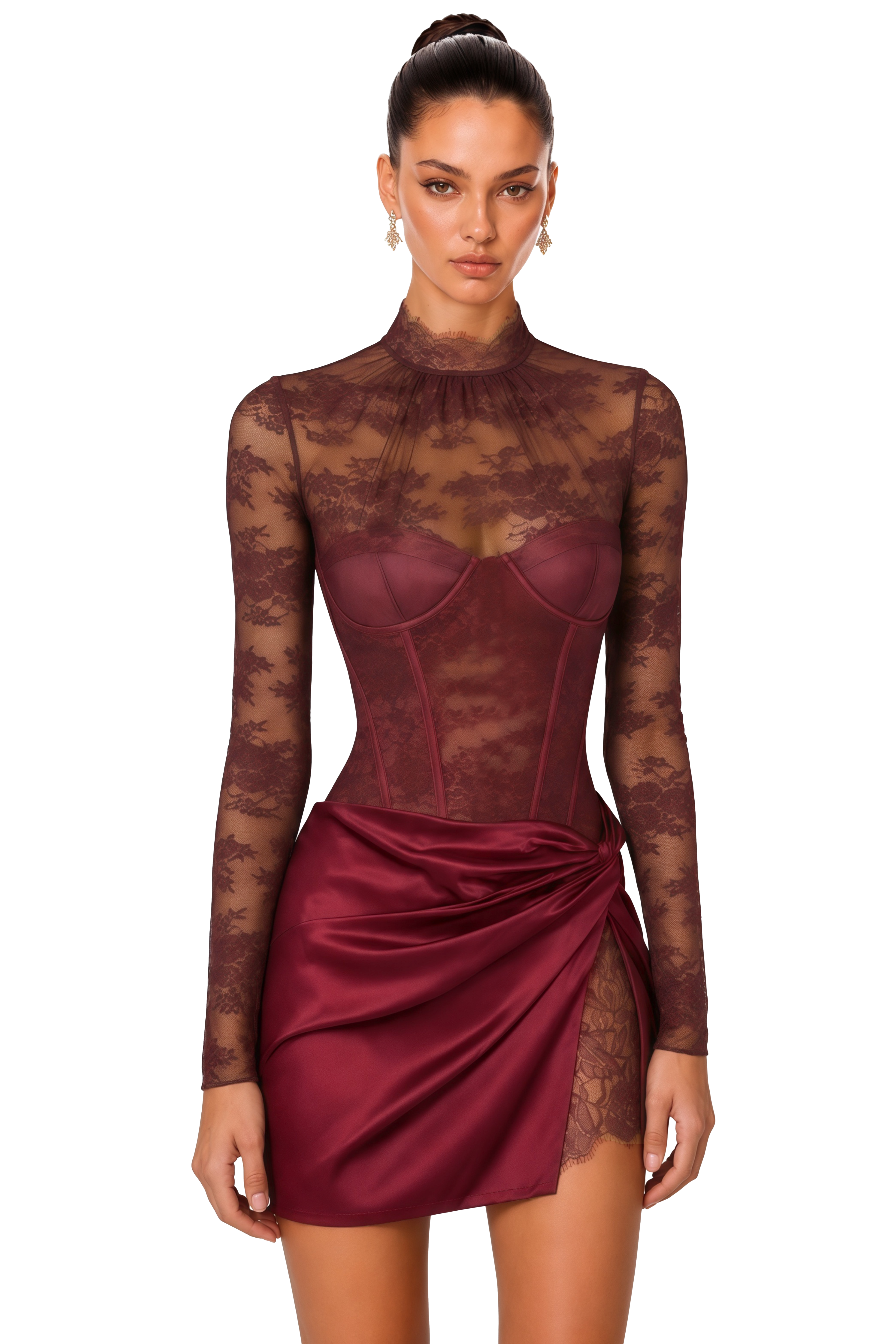 Turid Burgundy Satin Mini Dress with Floral Lace Panels