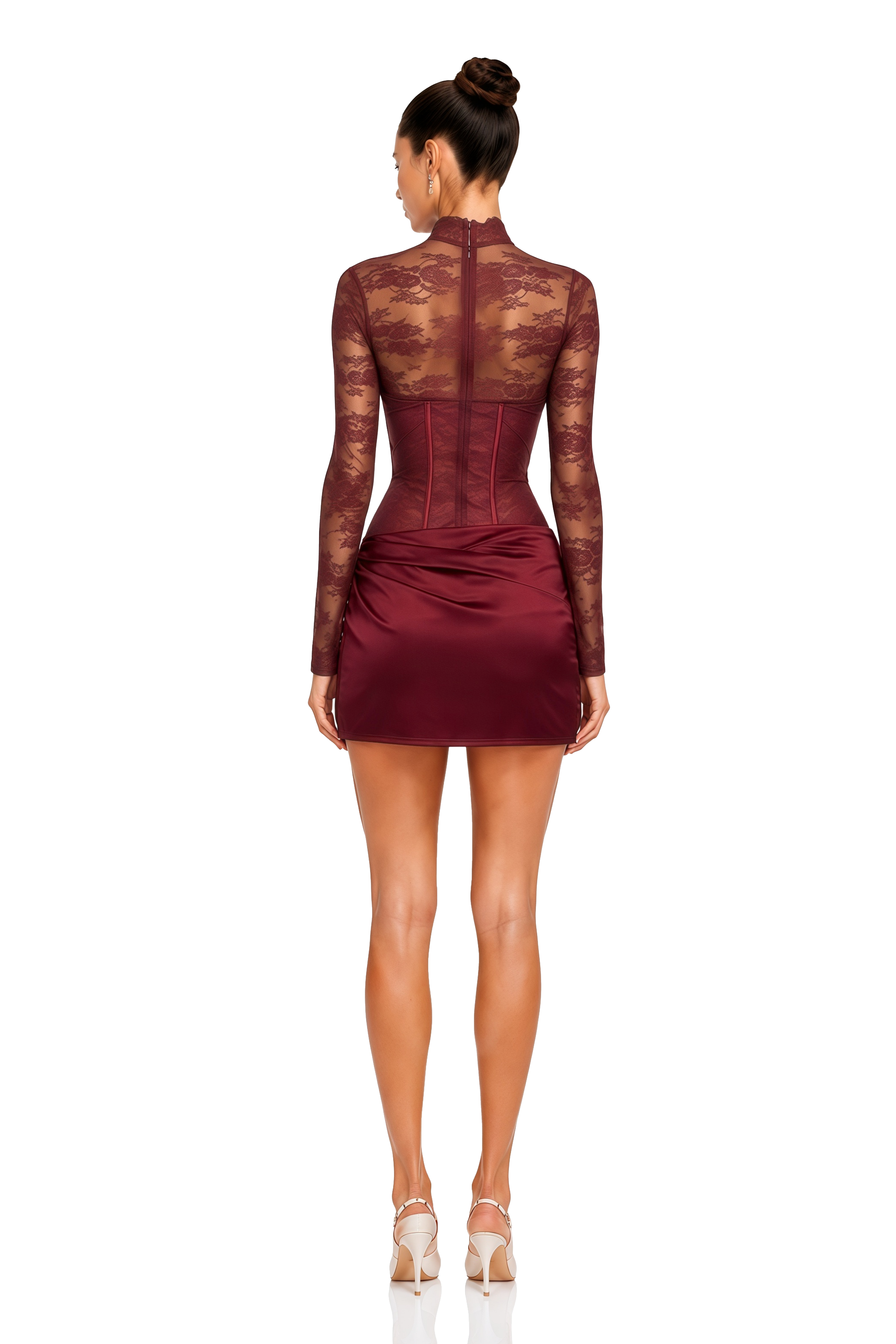 Turid Burgundy Satin Mini Dress with Floral Lace Panels