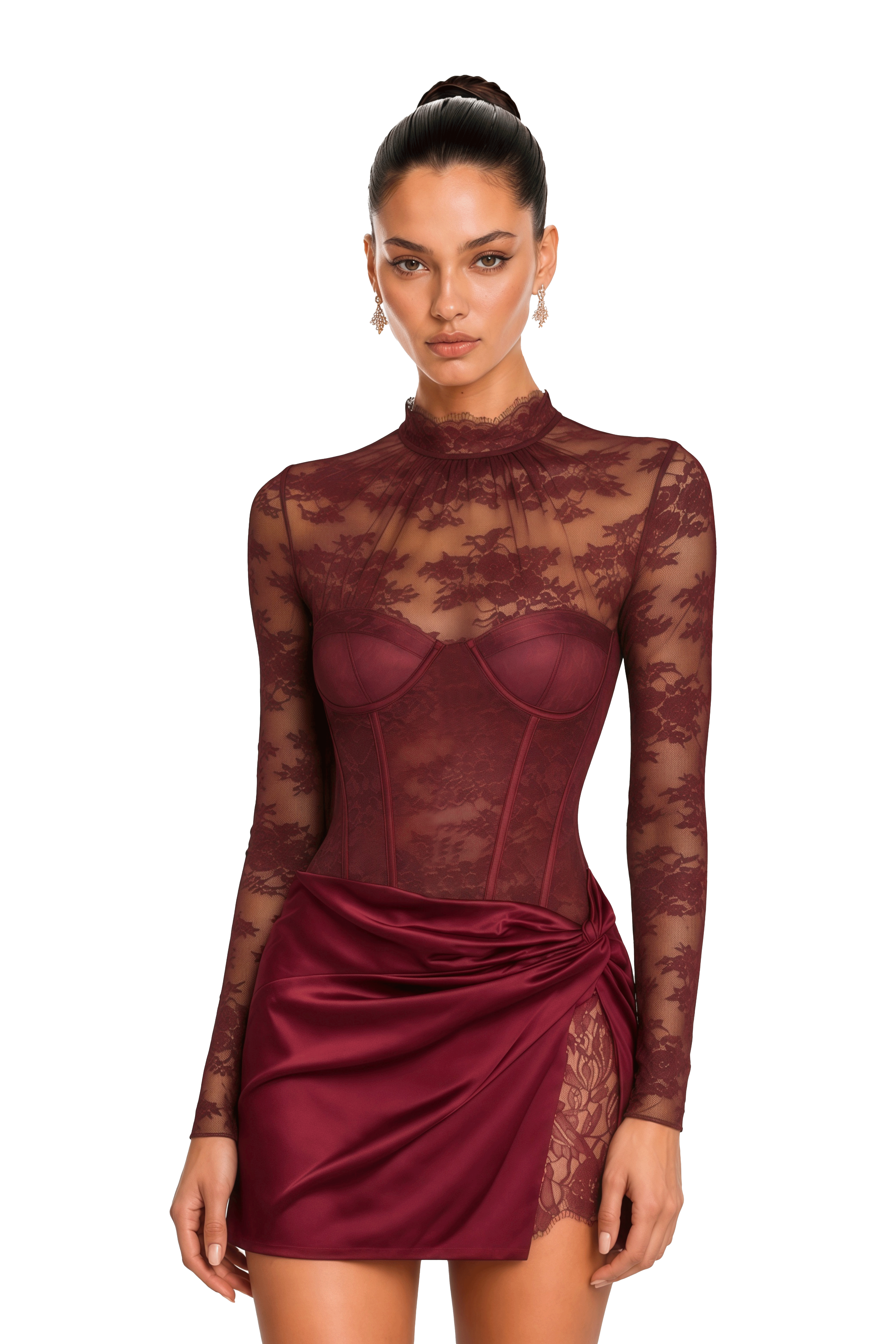 Turid Burgundy Satin Mini Dress with Floral Lace Panels