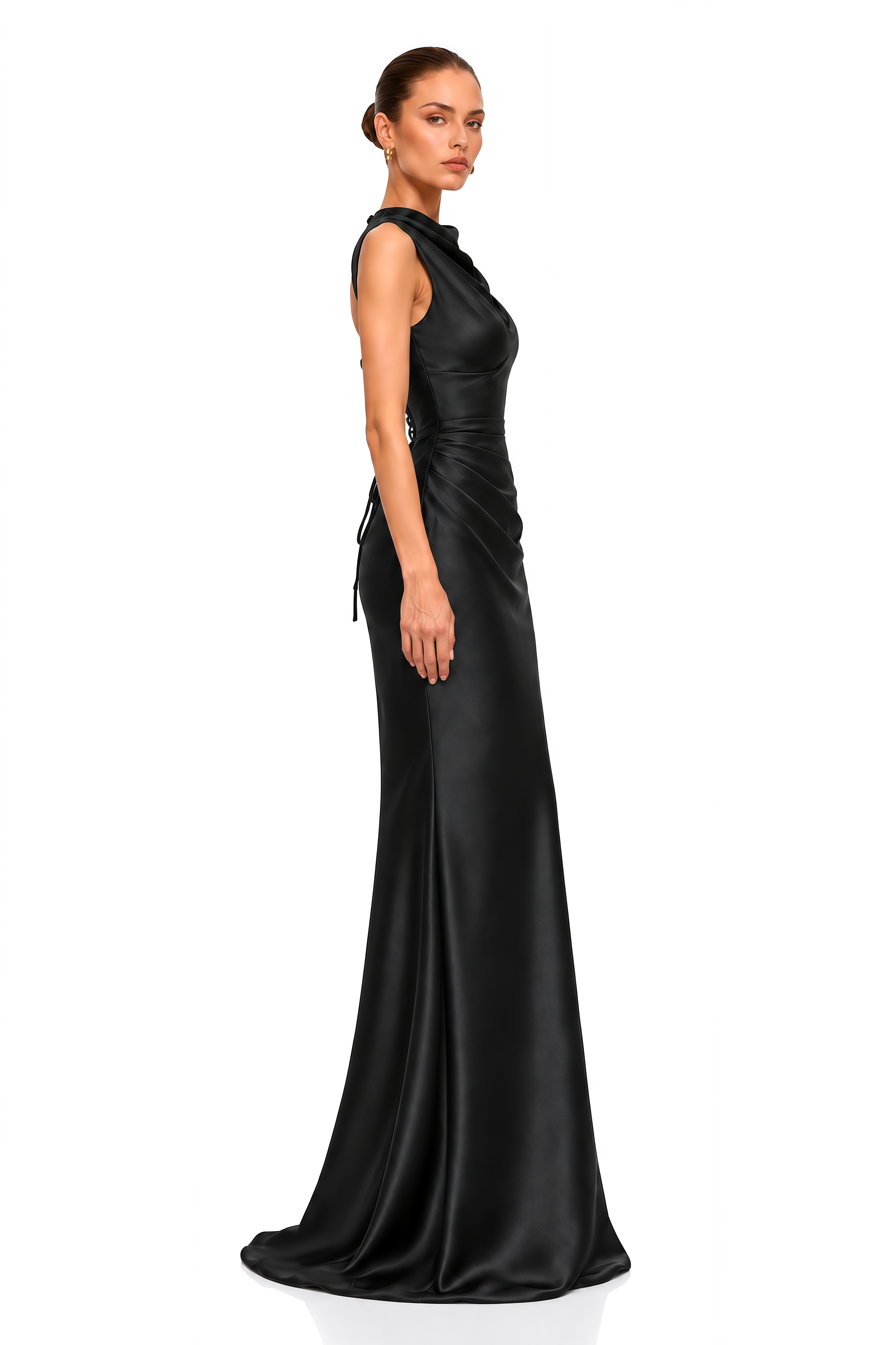 Valencia Black Draped Satin Mermaid Maxi Dress