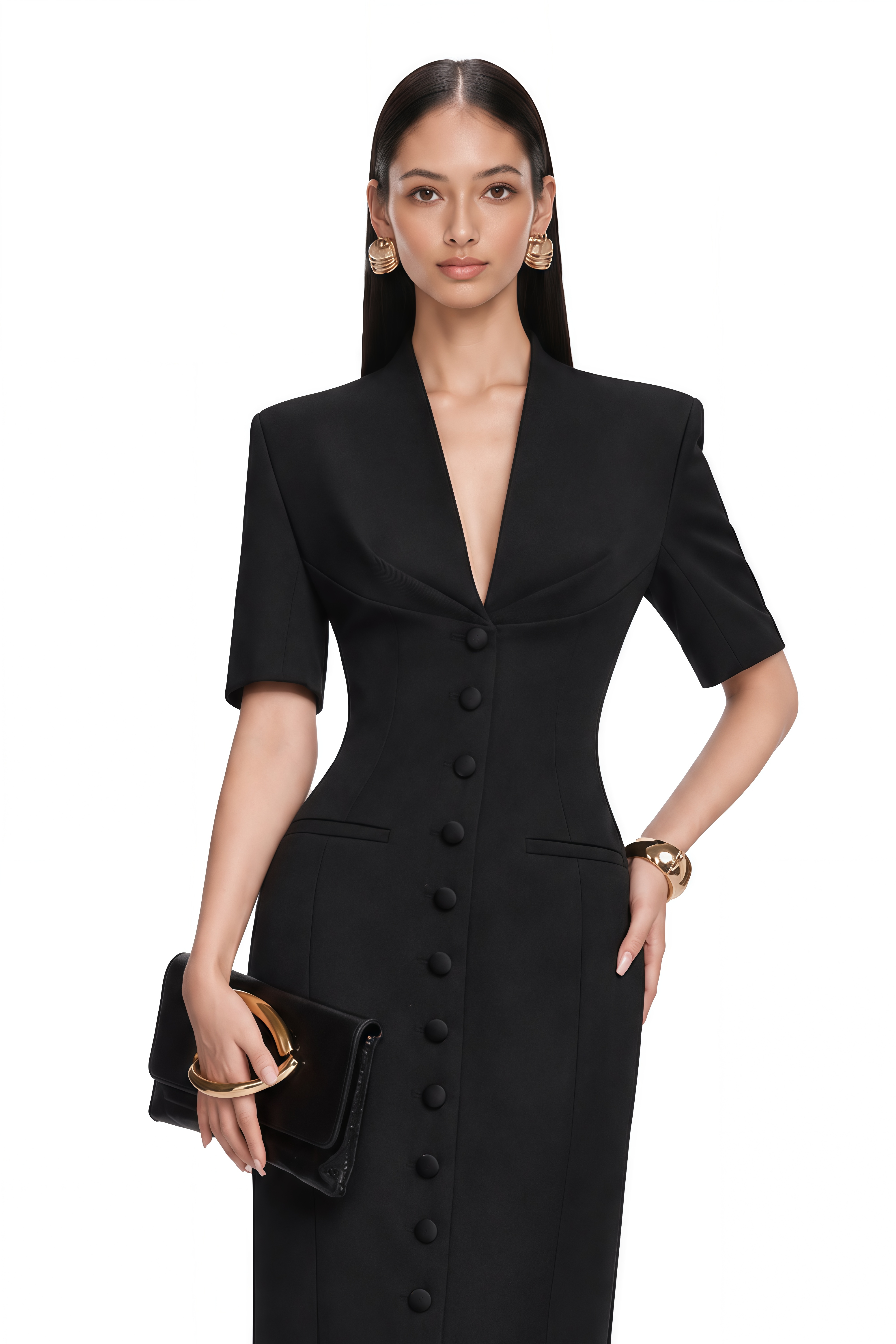 Valencia Black Structured Button Front Blazer Maxi Dress
