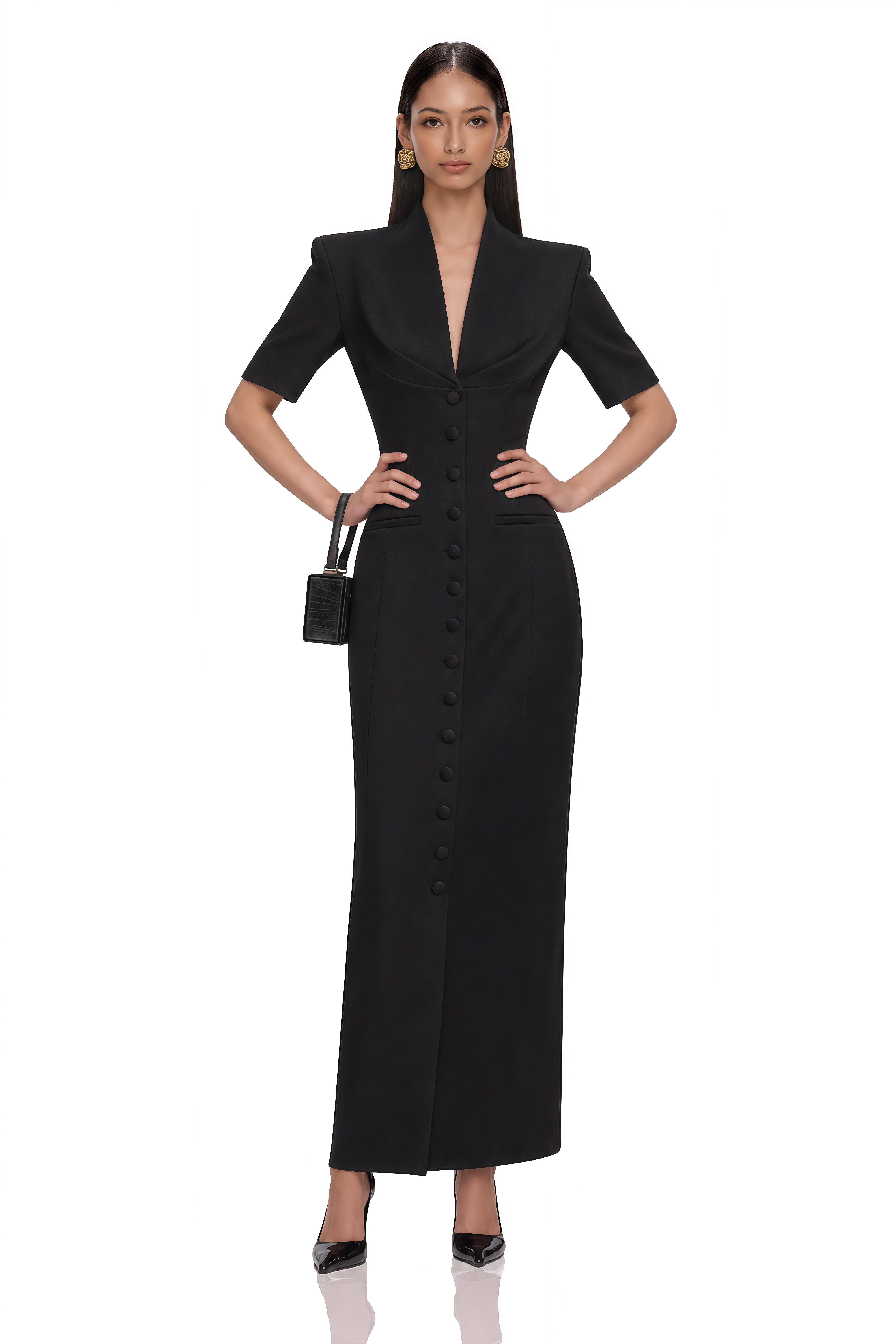 Valencia Black Structured Button Front Blazer Maxi Dress