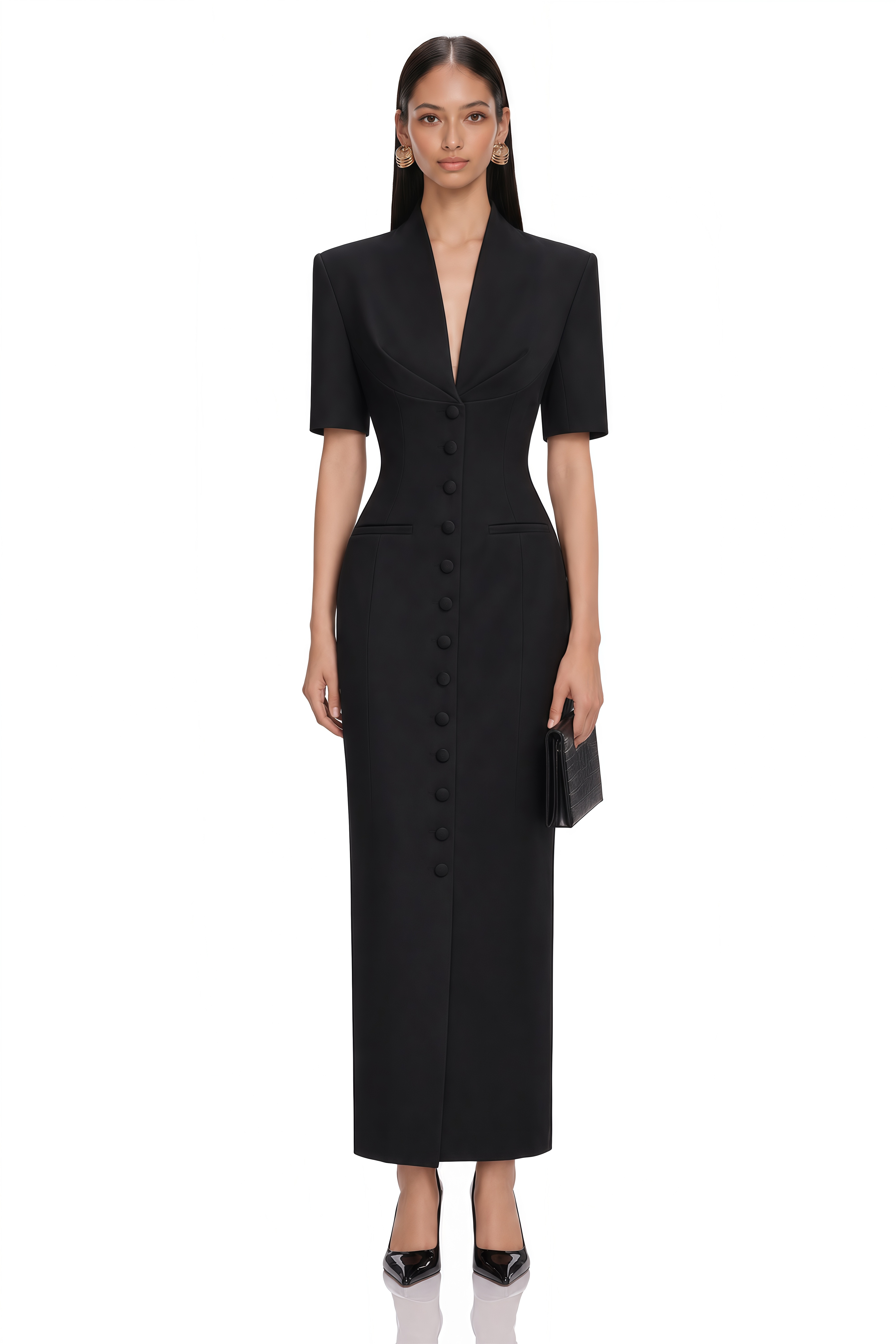 Valencia Black Structured Button Front Blazer Maxi Dress