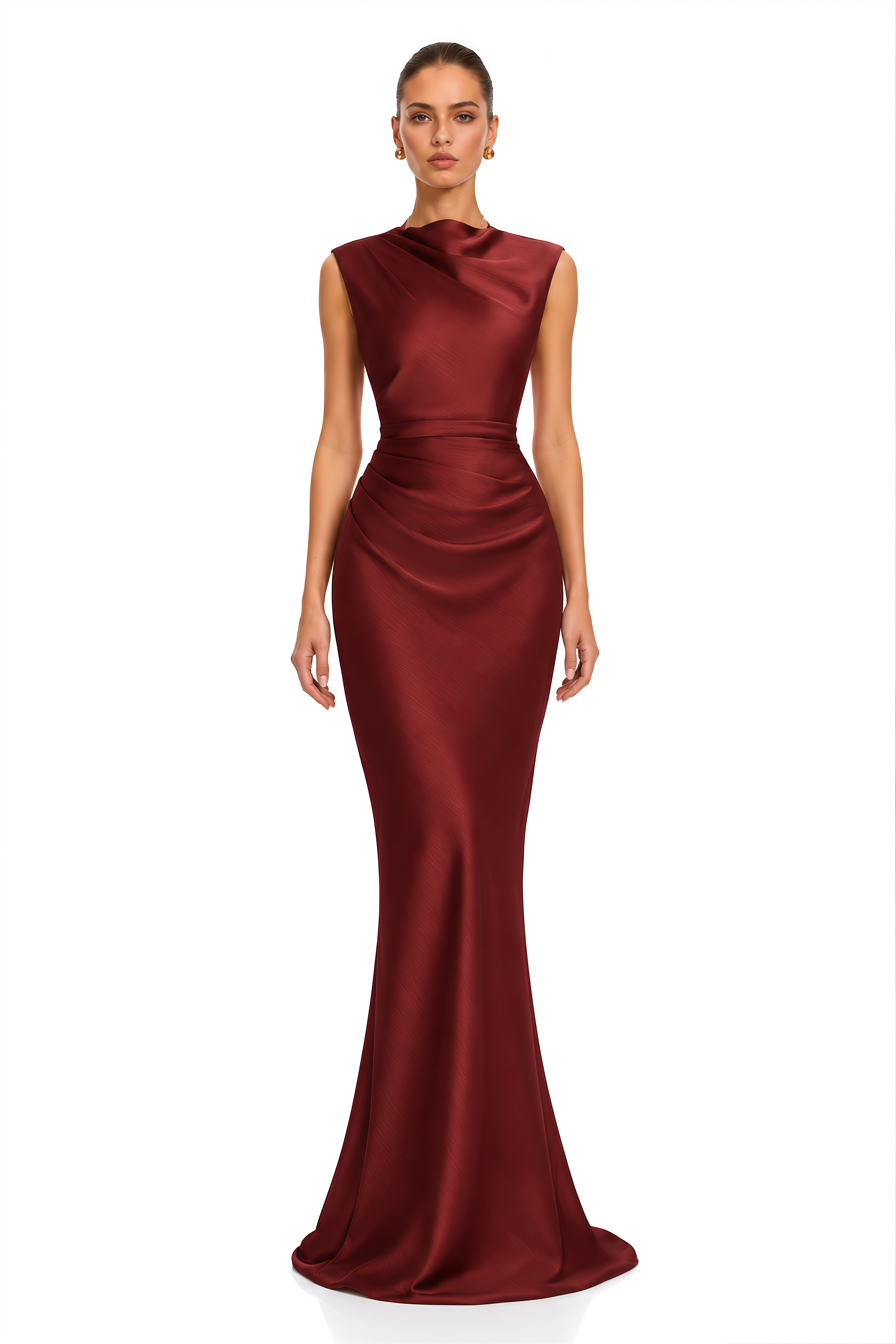 Valencia Burgundy Draped Satin Mermaid Maxi Dress