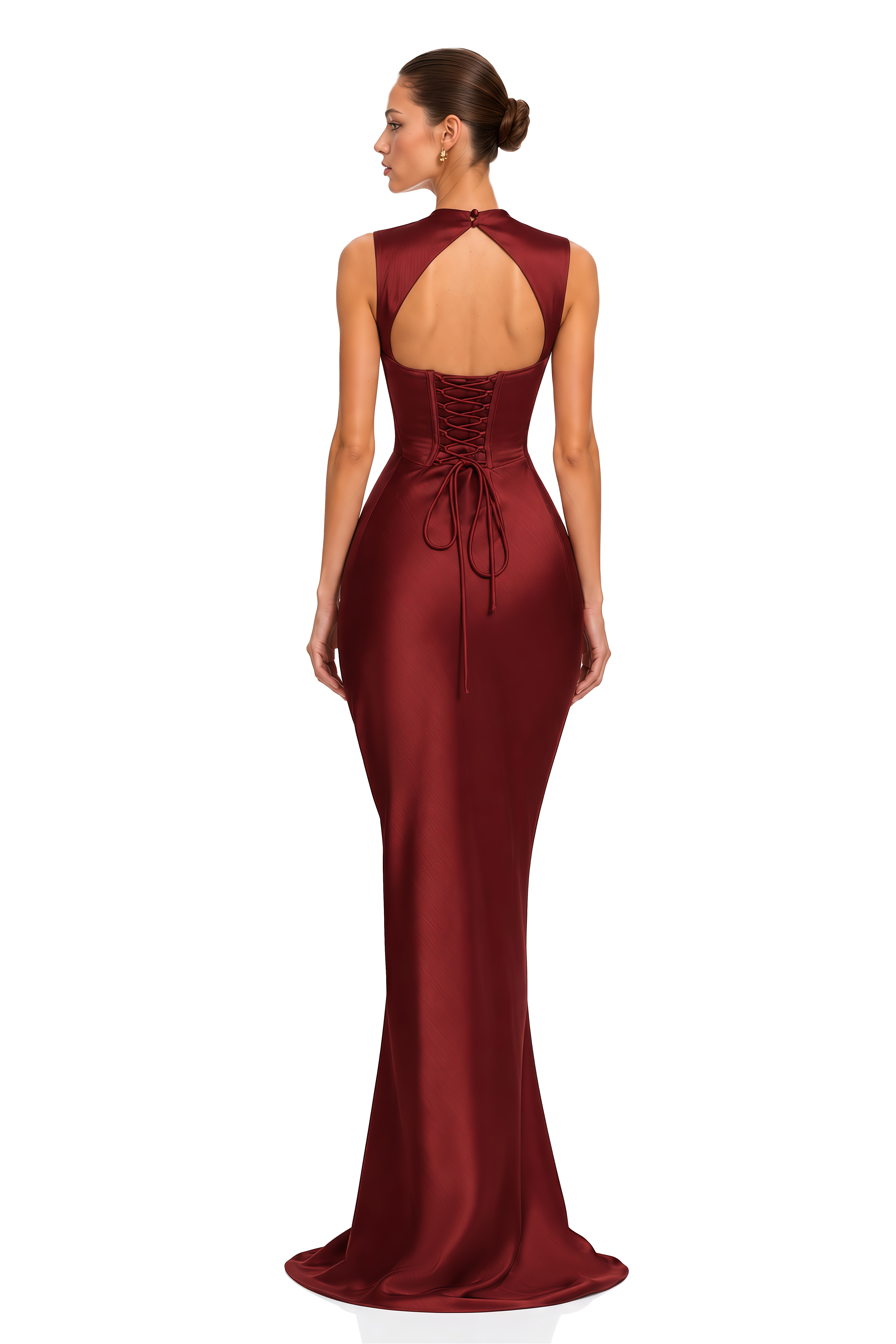 Valencia Burgundy Draped Satin Mermaid Maxi Dress