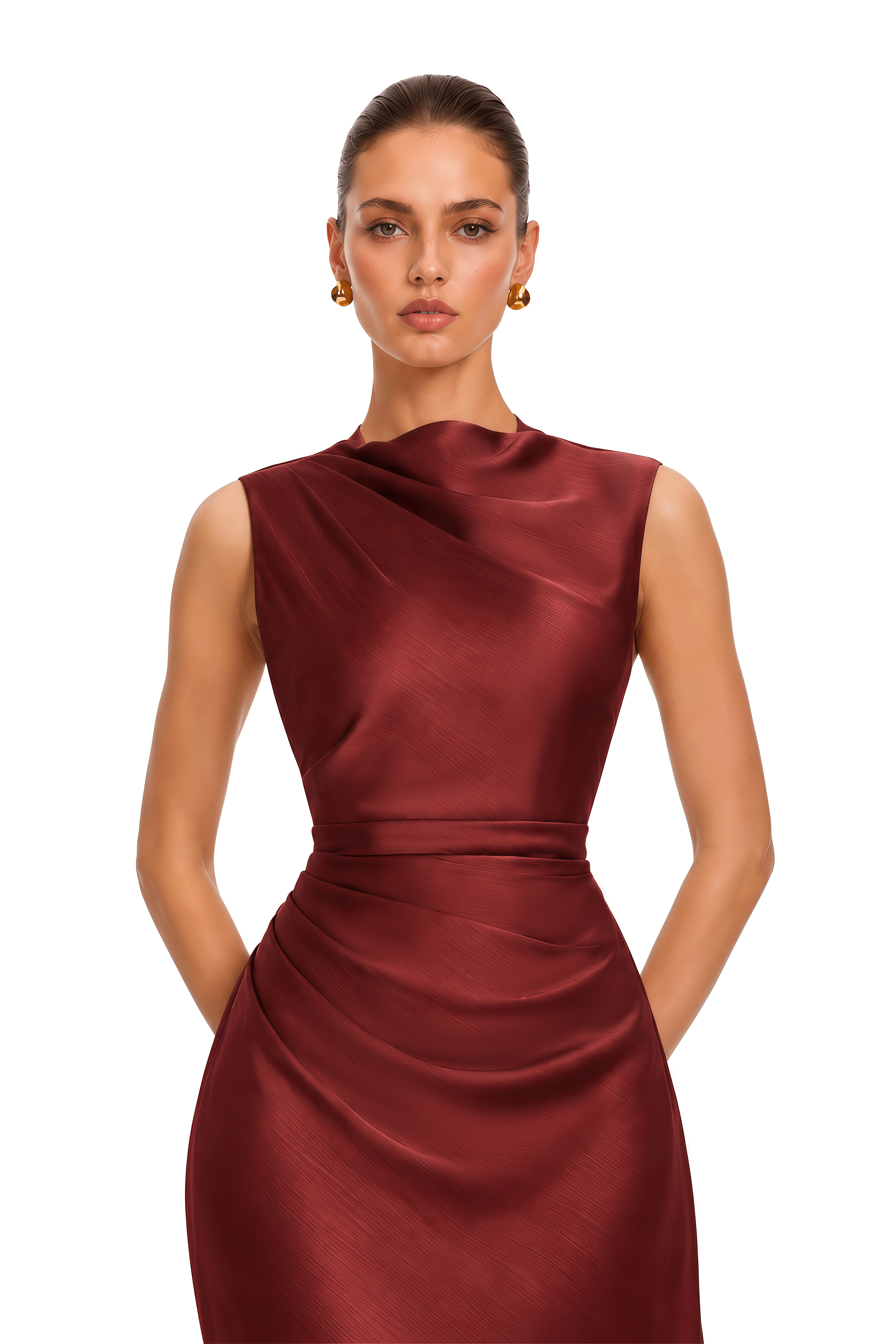 Valencia Burgundy Draped Satin Mermaid Maxi Dress