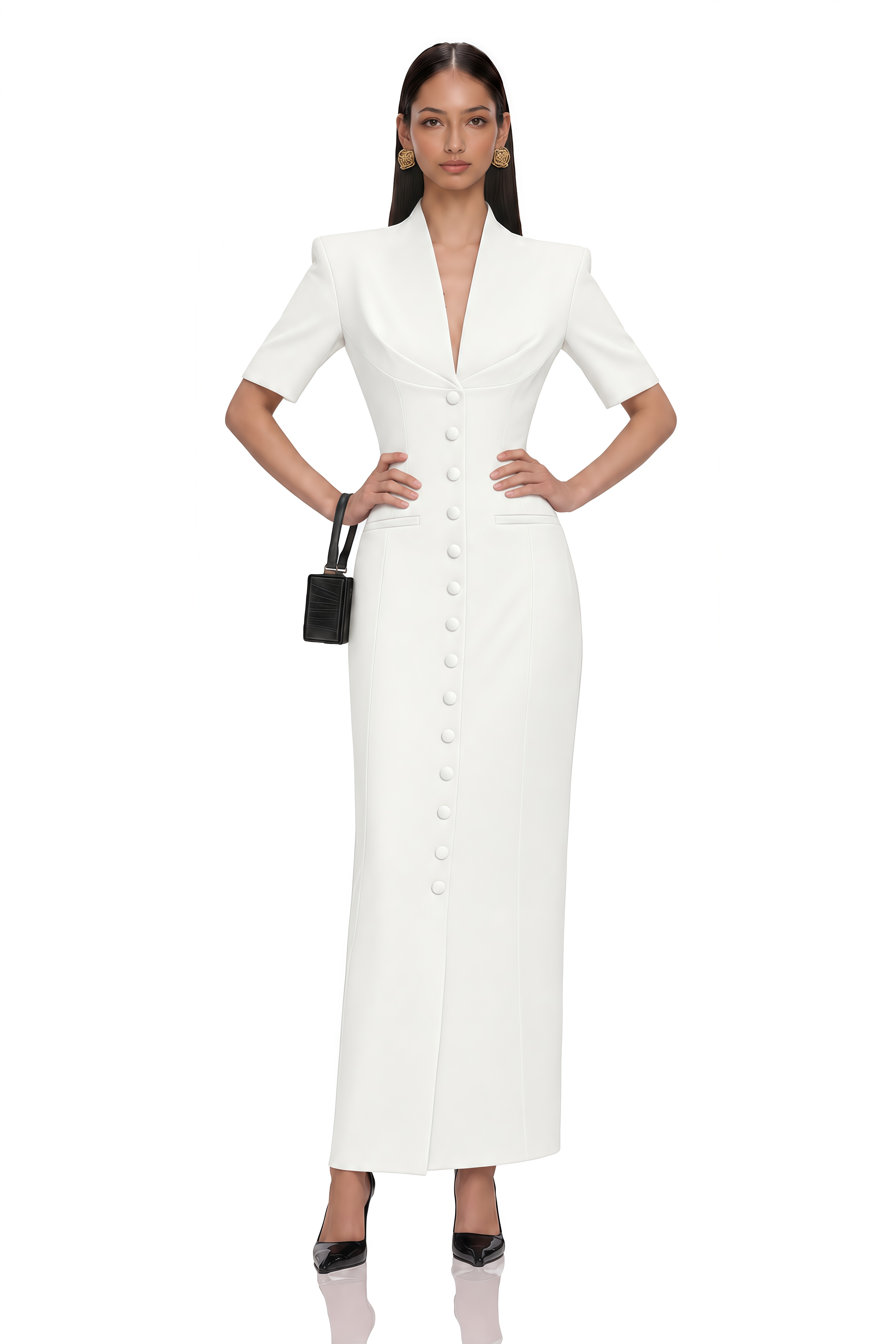 Valencia White Structured Button Front Blazer Maxi Dress