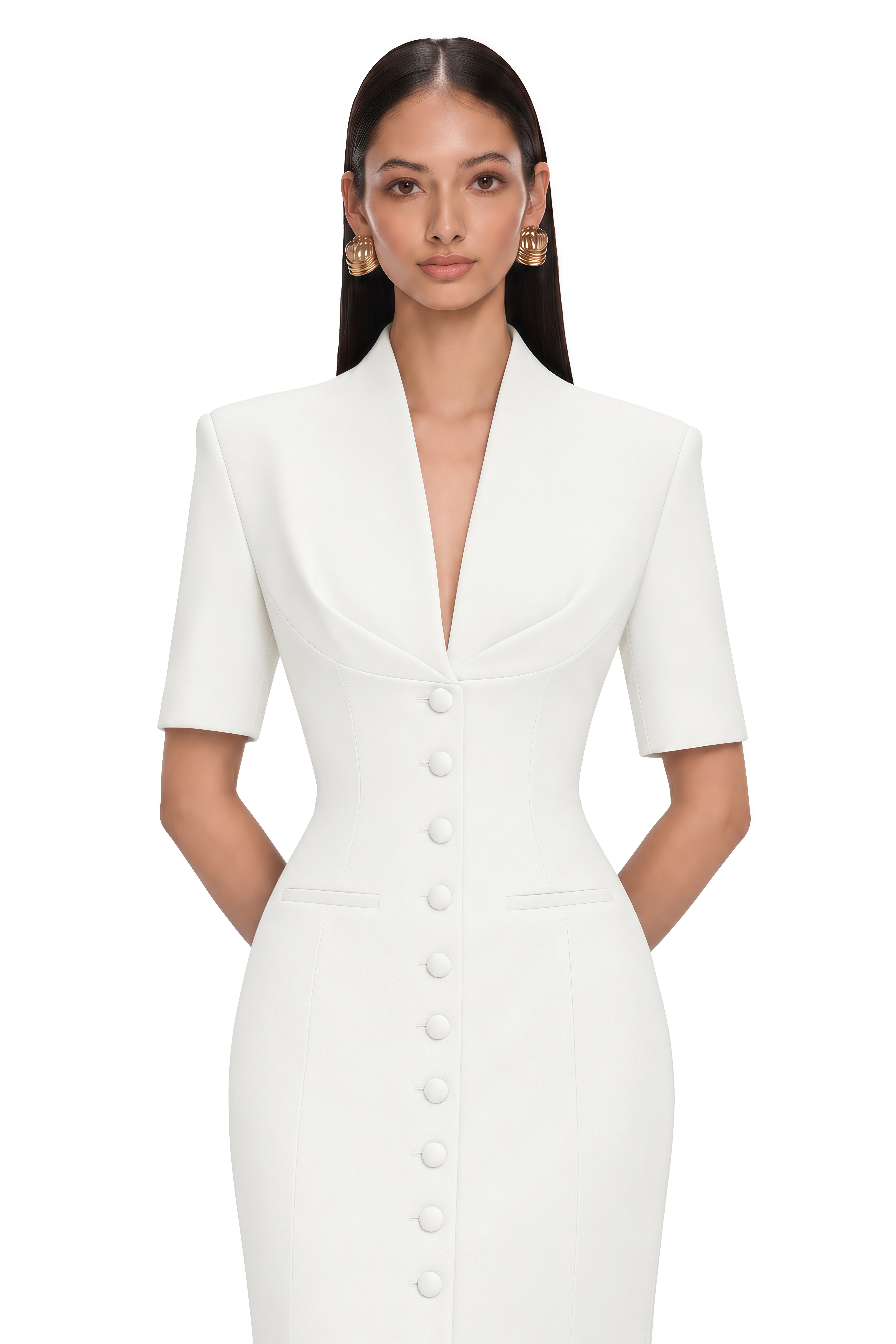 Valencia White Structured Button Front Blazer Maxi Dress