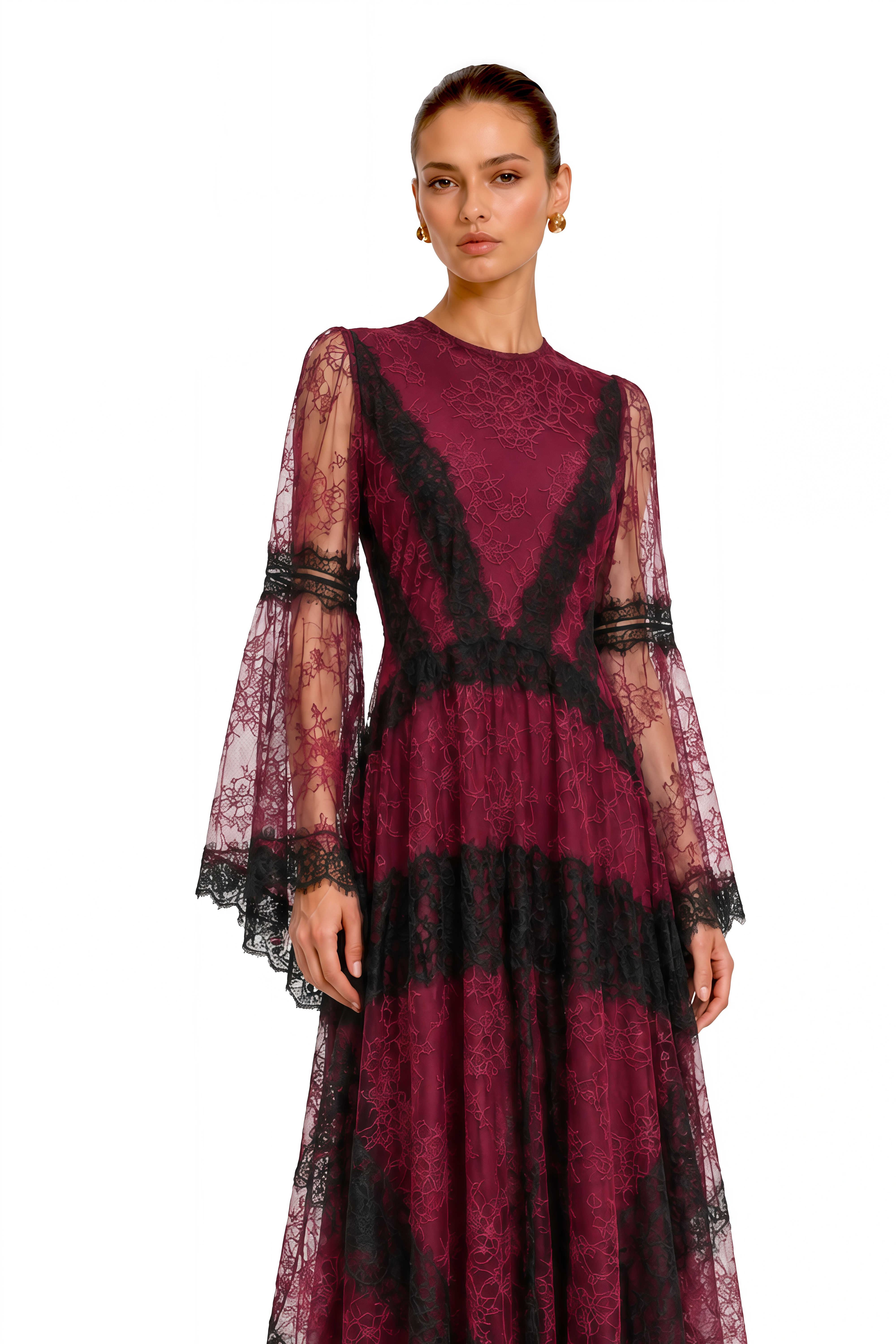 Valentina Burgundy Color Block Lace Maxi Dress